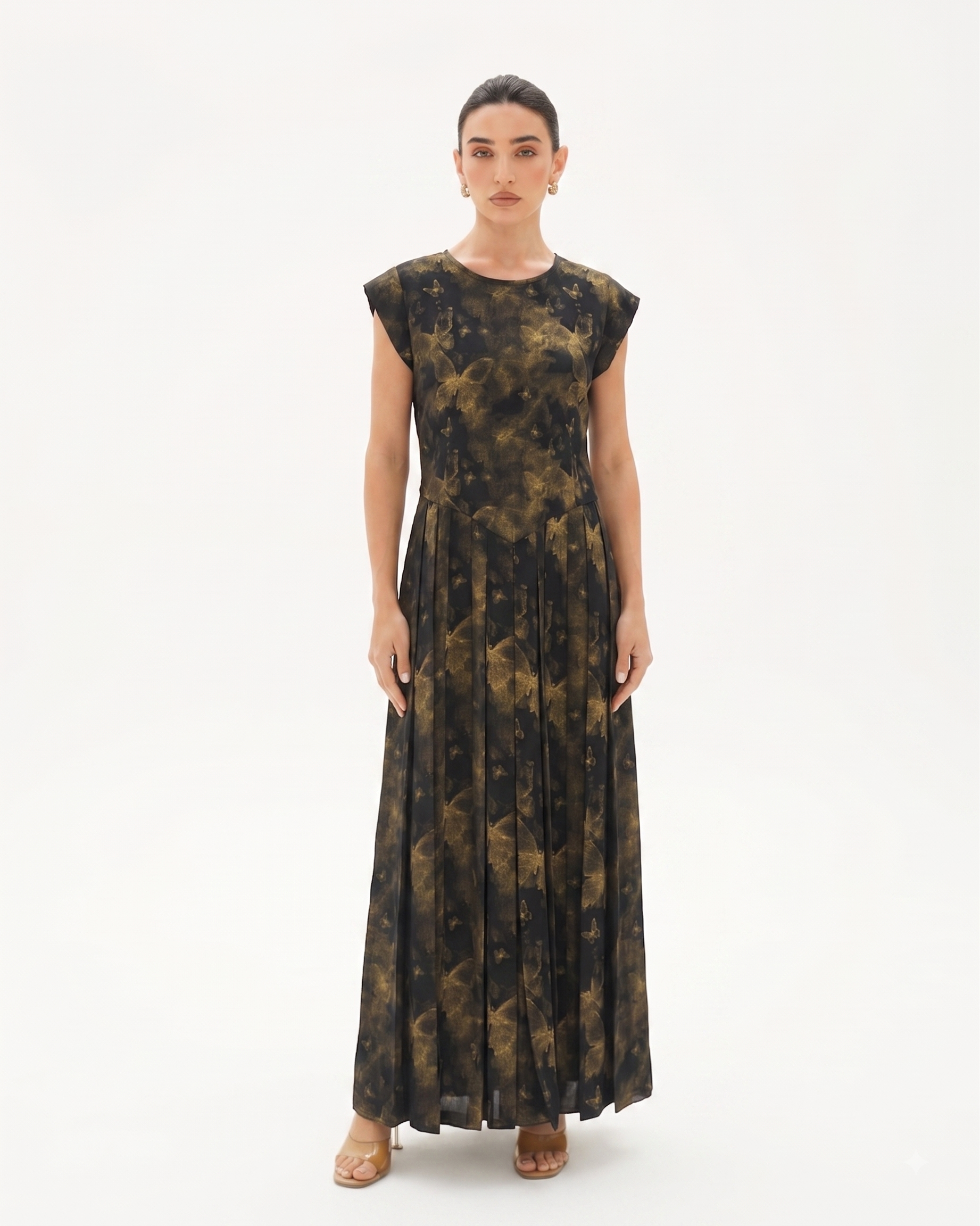 C 0023-05 Premium Black Gold Butterfly Pleated Under Abaya Dress