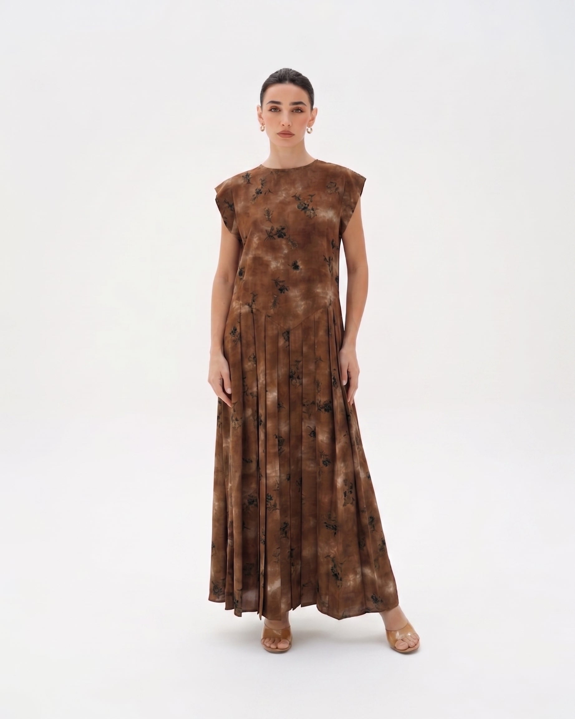C 0024-01  Premium Caramel Butterfly Pleated Under Abaya Dress