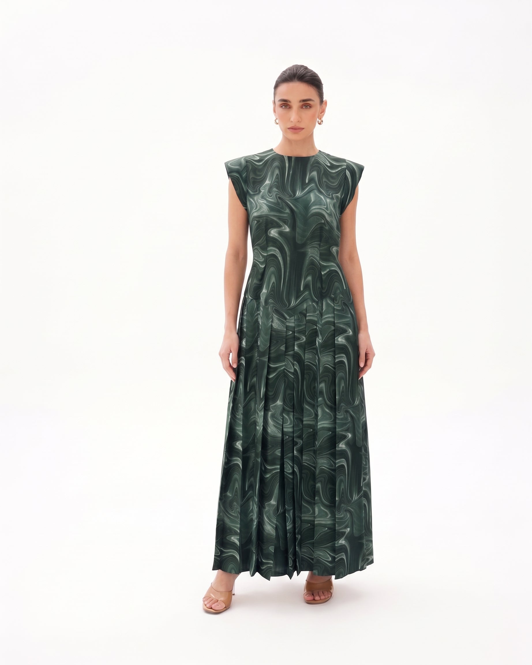C 0024-01 Premium Dark Green Swirl Under Abaya Dress