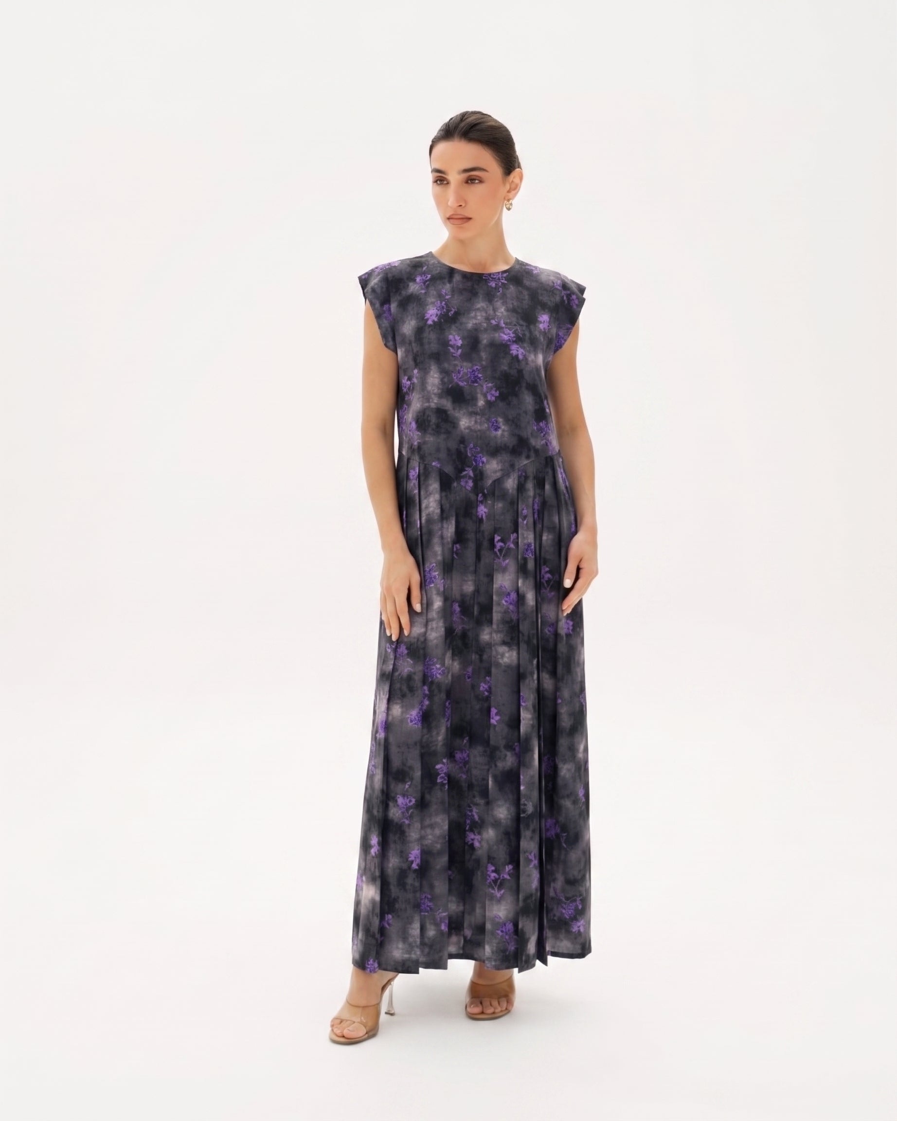 C 0024-02 Premium Violet Butterfly Pleated Under Abaya Dress