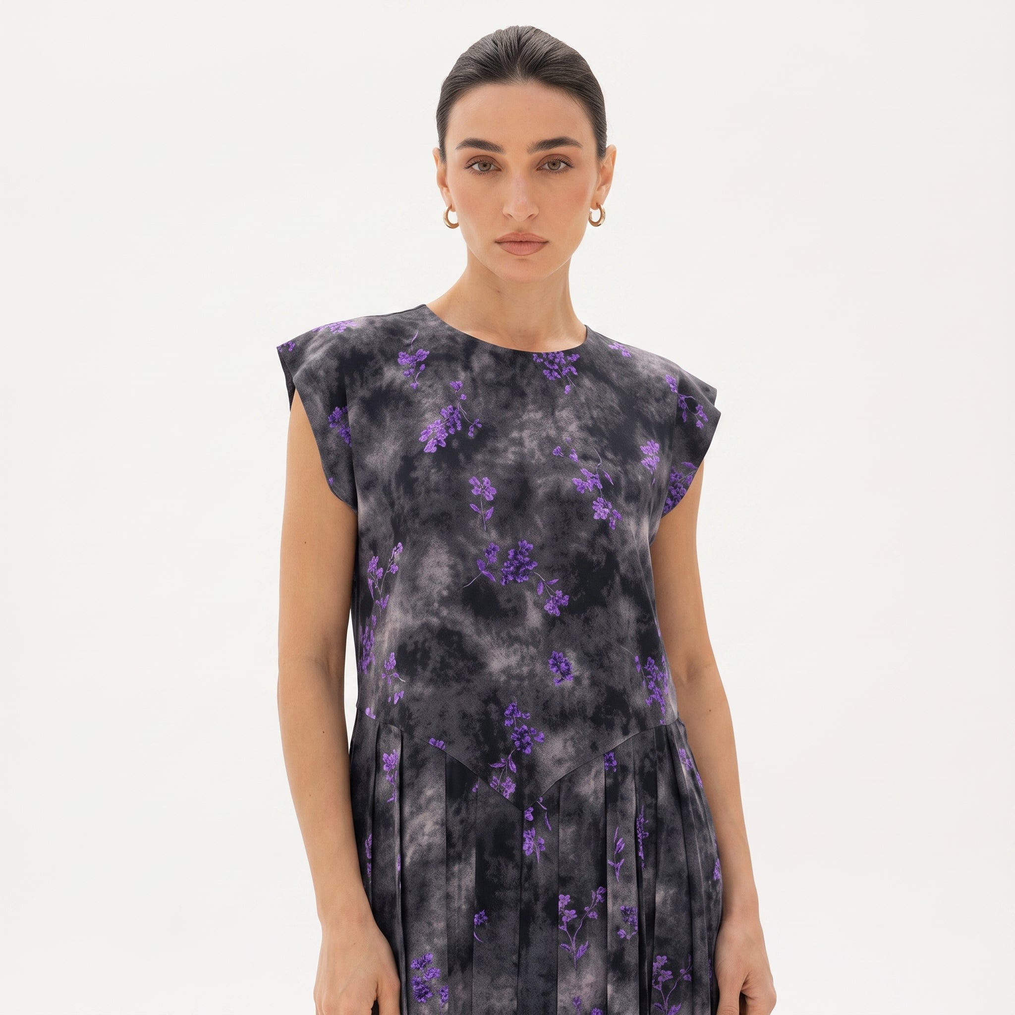 C 0024-02 Premium Violet Butterfly Pleated Under Abaya Dress