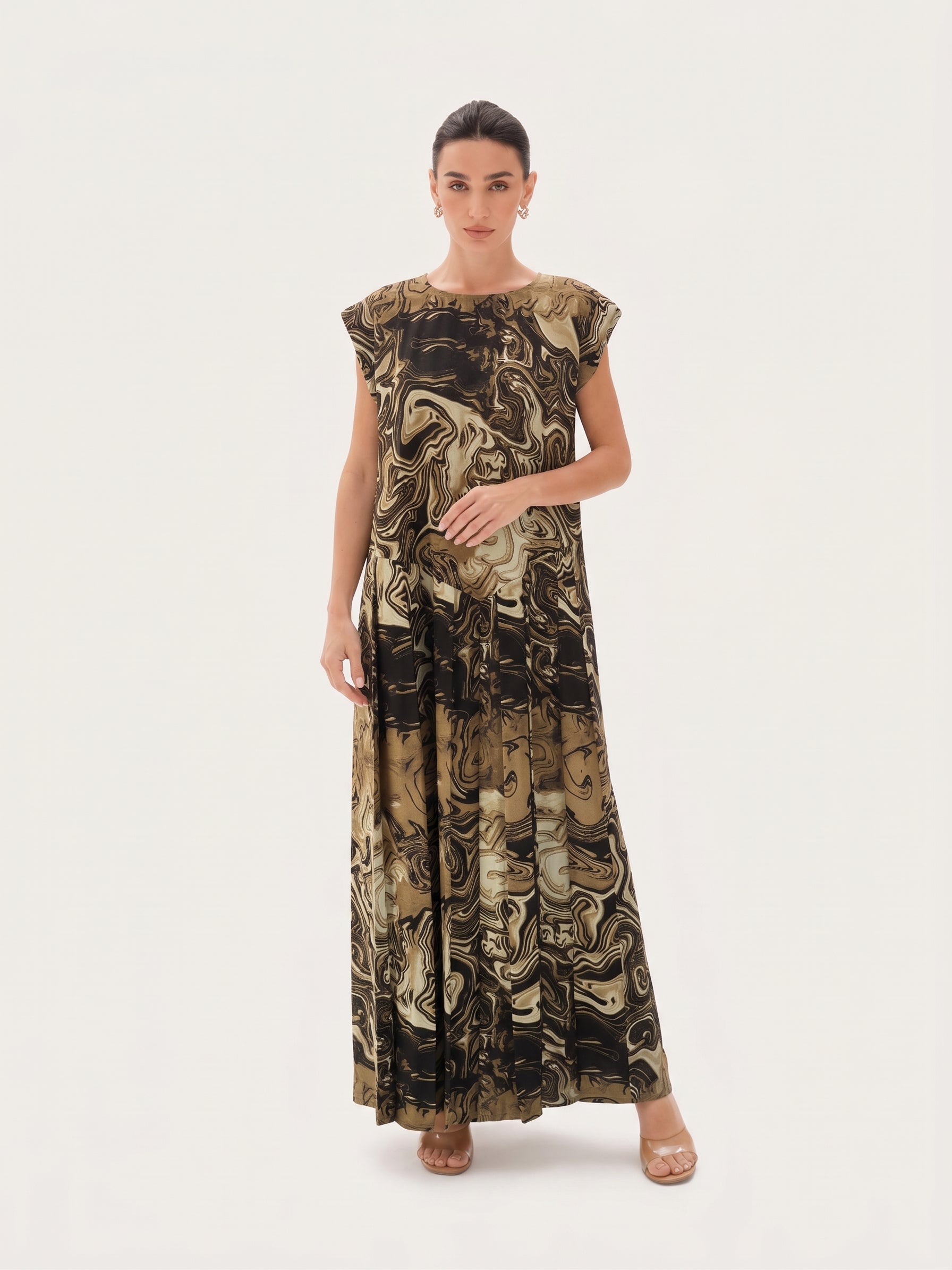 C 0024-03 Premium Golden Brown Swirl Under Abaya Dress - soft satin - 250