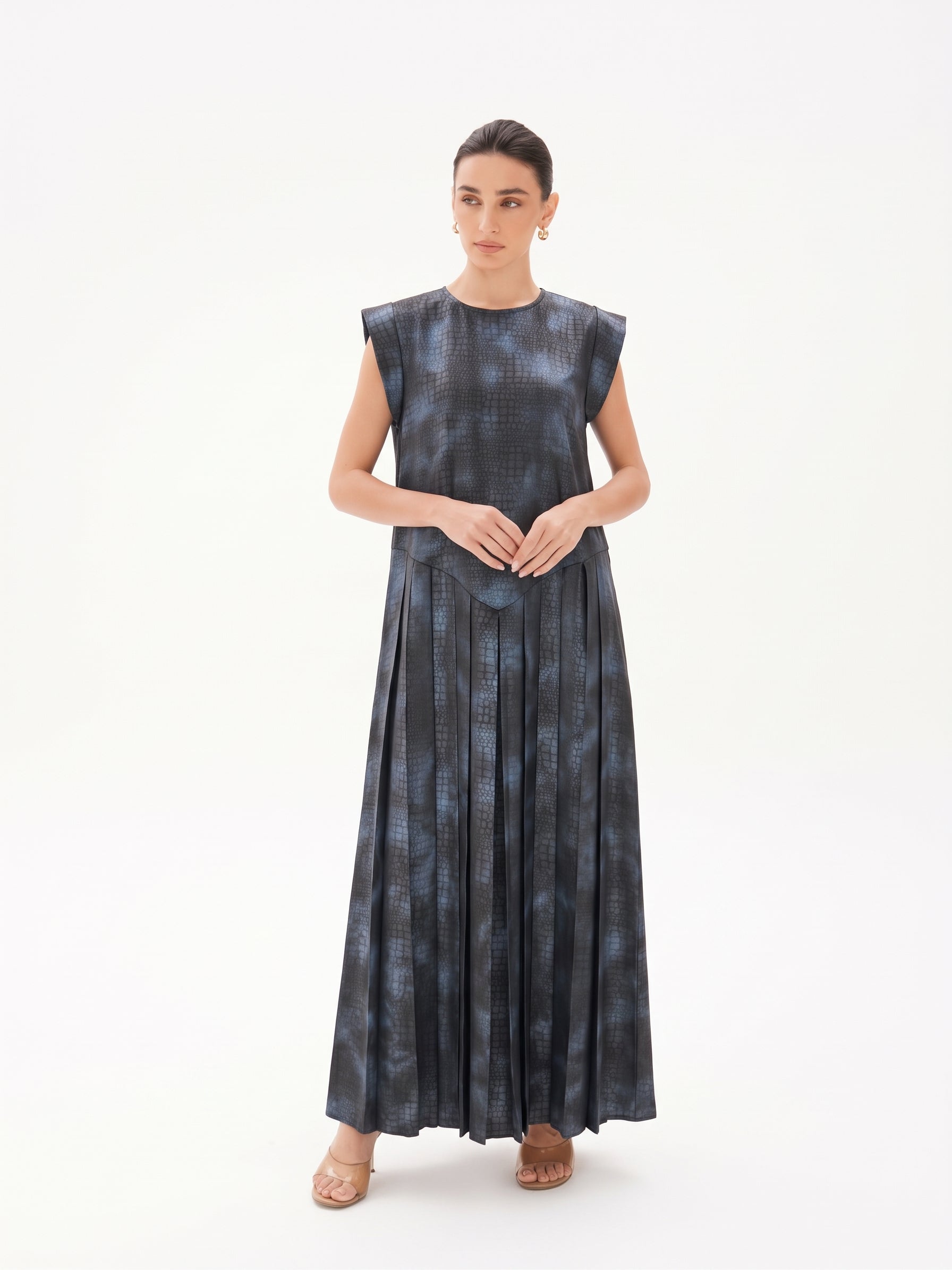C 0027-05 Premium Dark Blue Patterned Under Abaya Dress