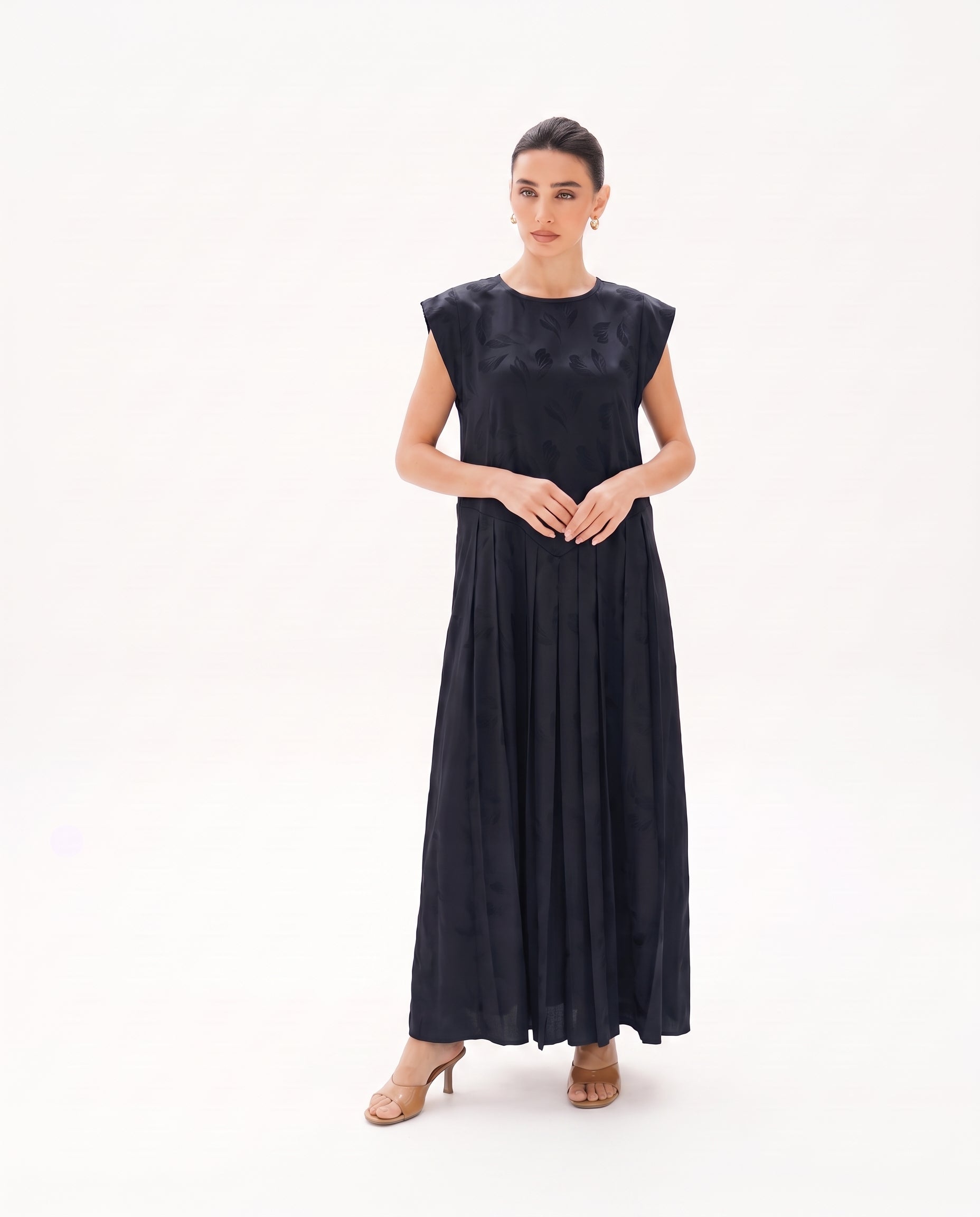 C 0029-04 Premium Dark Navy Pleated Under Abaya Dress