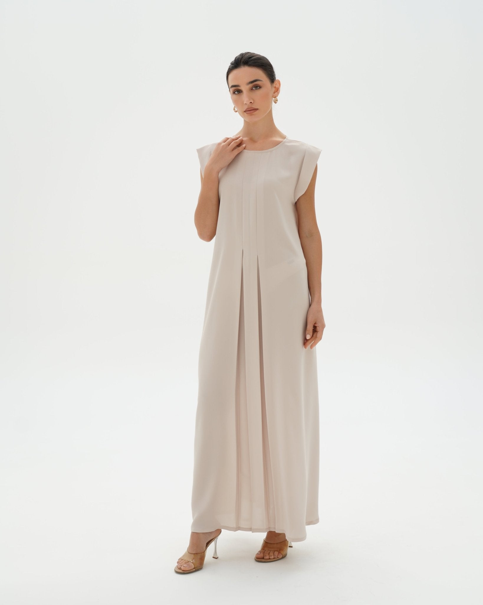 C 006 - 01 Premium Ivory Pleated Under Abaya Dress