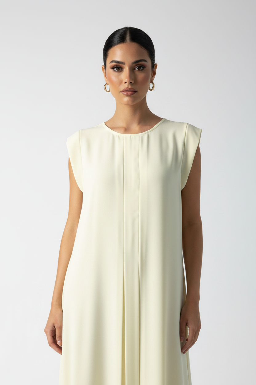 C 006-14 Premium Butter Yellow Pleated Under Abaya Dress