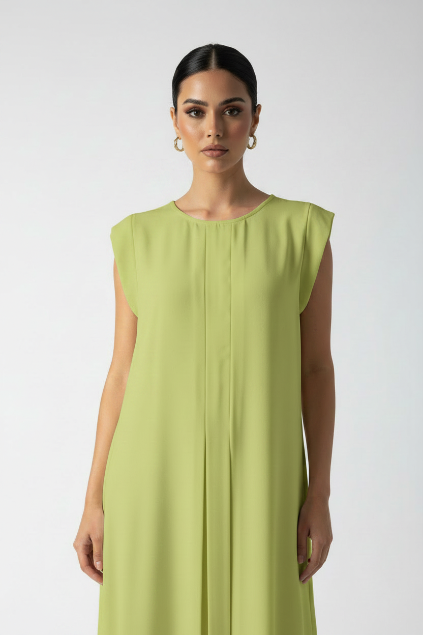 C 006-15 Premium Lime Green Pleated Under Abaya Dress