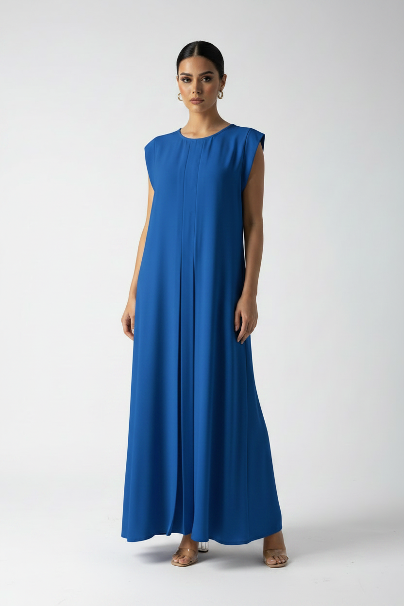 C 006-16 Premium Bright Blue Pleated Under Abaya Dress