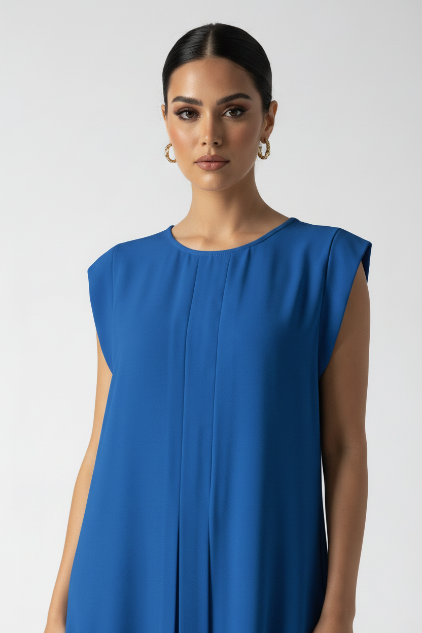 C 006-16 Premium Bright Blue Pleated Under Abaya Dress