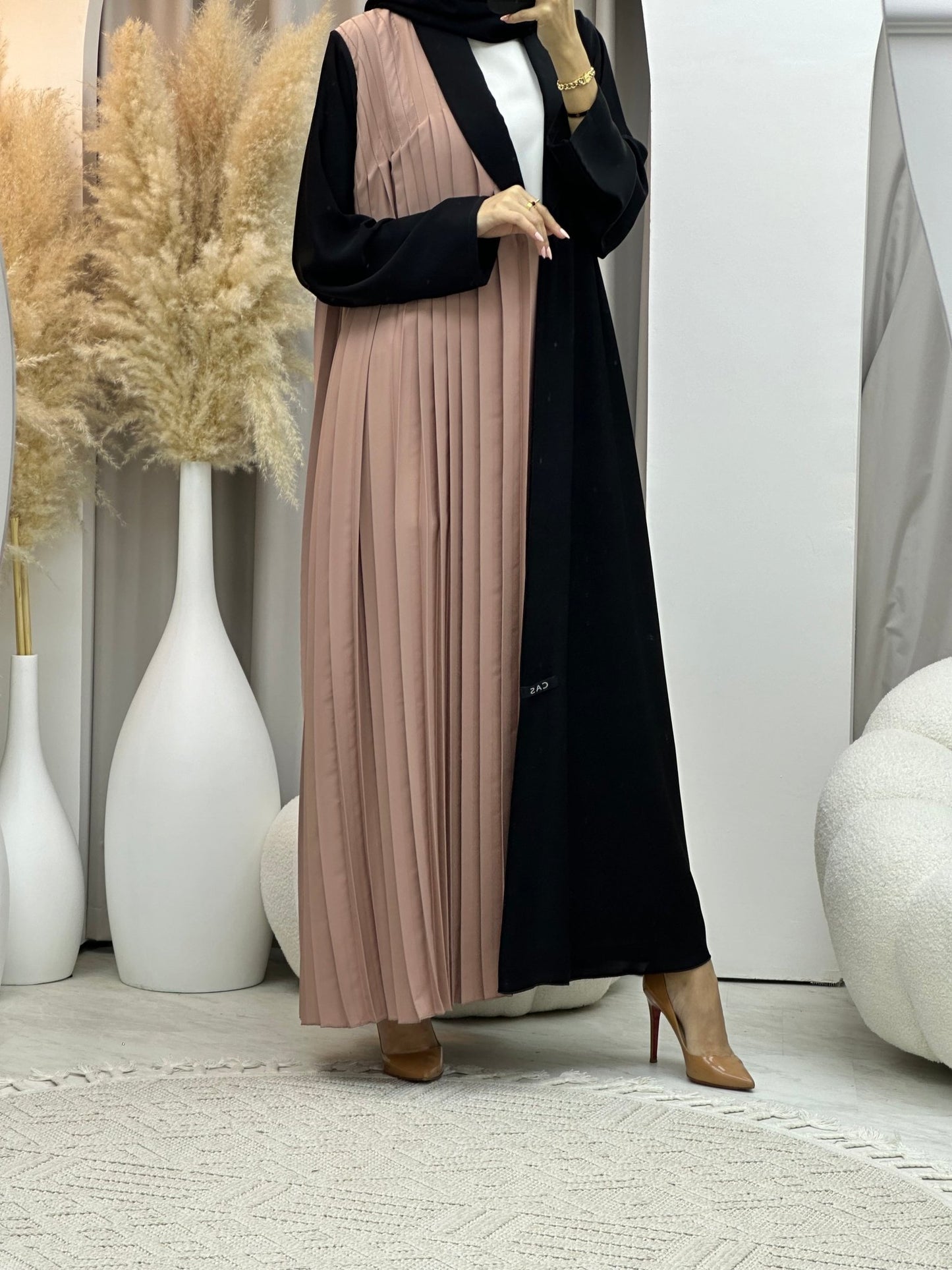 C 0072 Beige Black Pleated Abaya