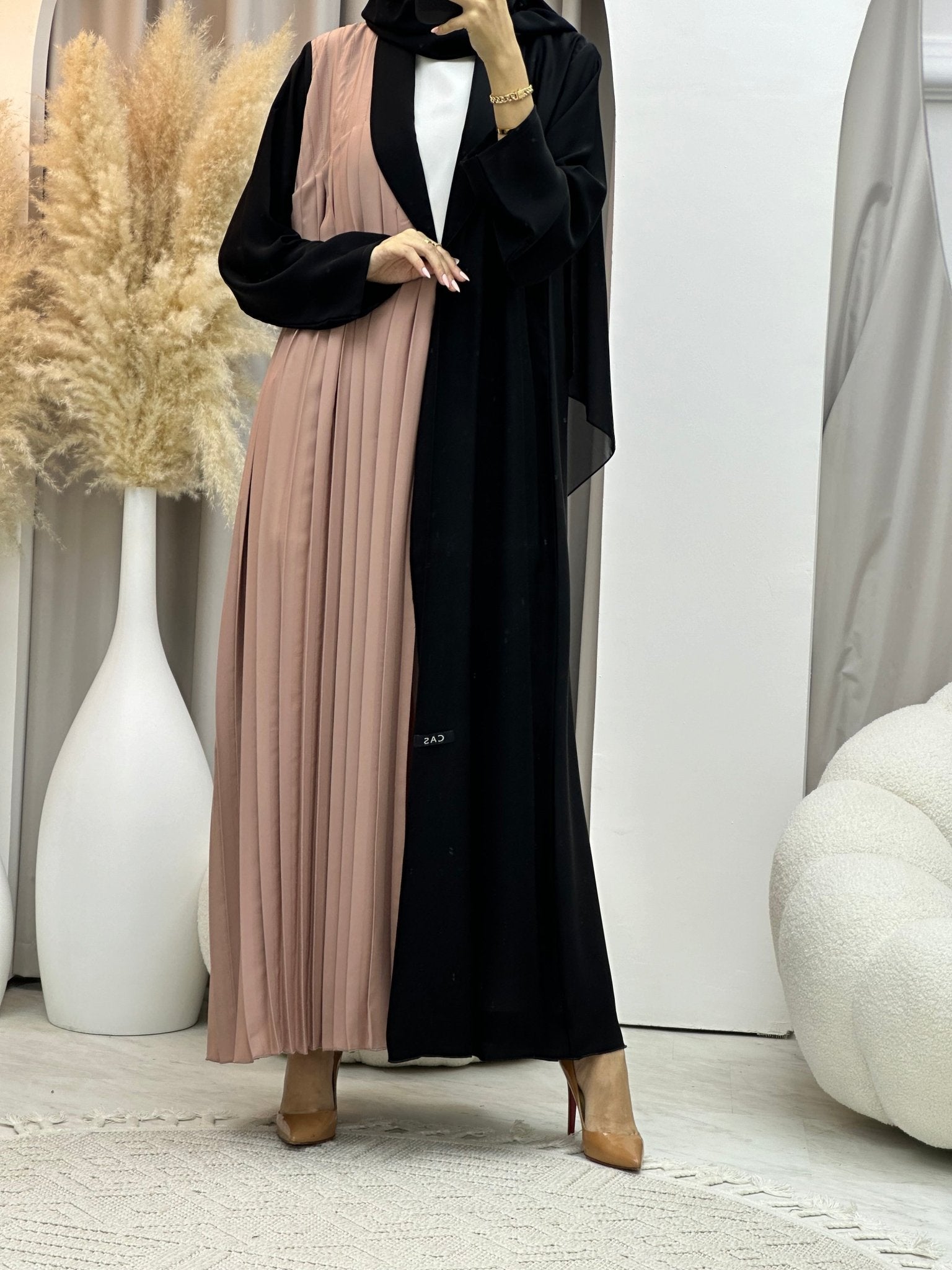 C 0072 Beige Black Pleated Abaya