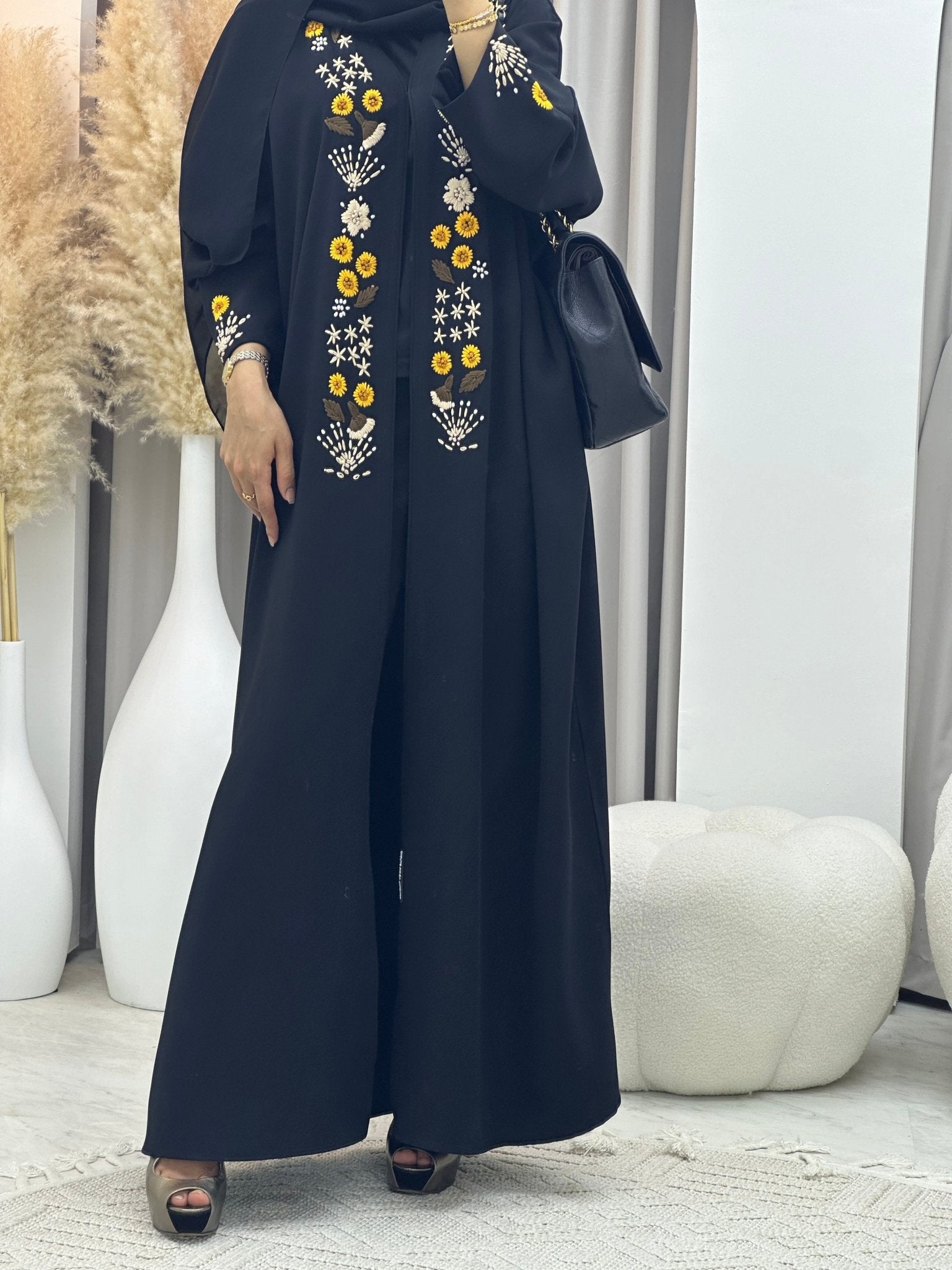 C 0089 Black Sunflower Bisht Abaya