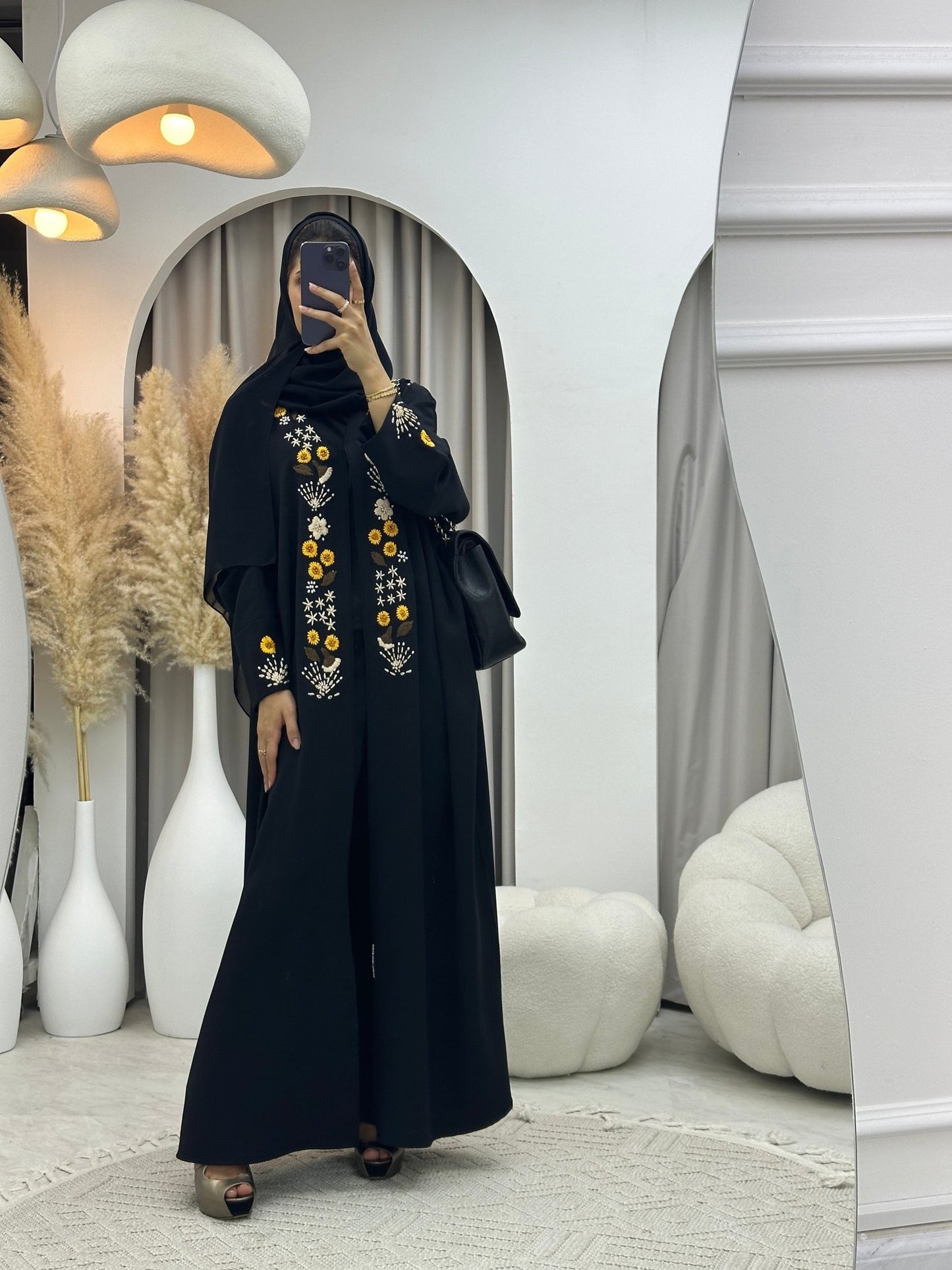 C 0089 Black Sunflower Bisht Abaya