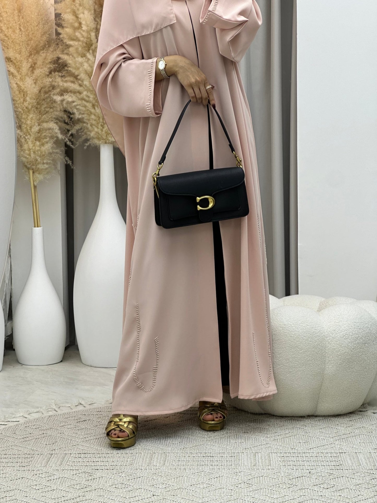 C 0103 Baby Pink Beaded Abaya