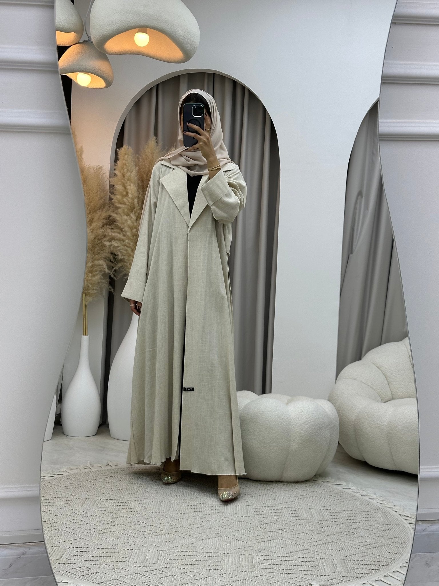 C 0105 Linen Beige Pleated Abaya