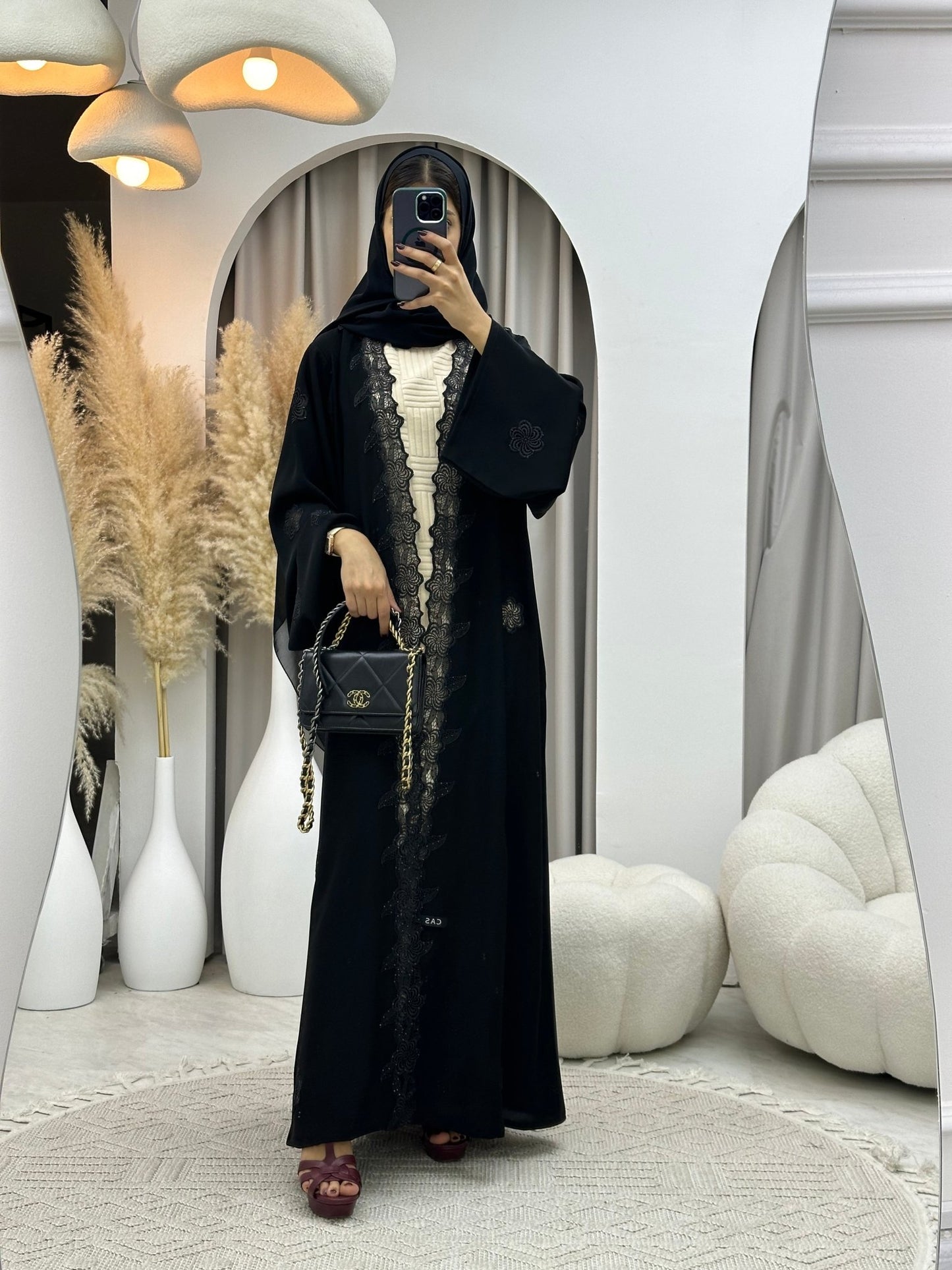 C 0111 Black Floral Lace Abaya