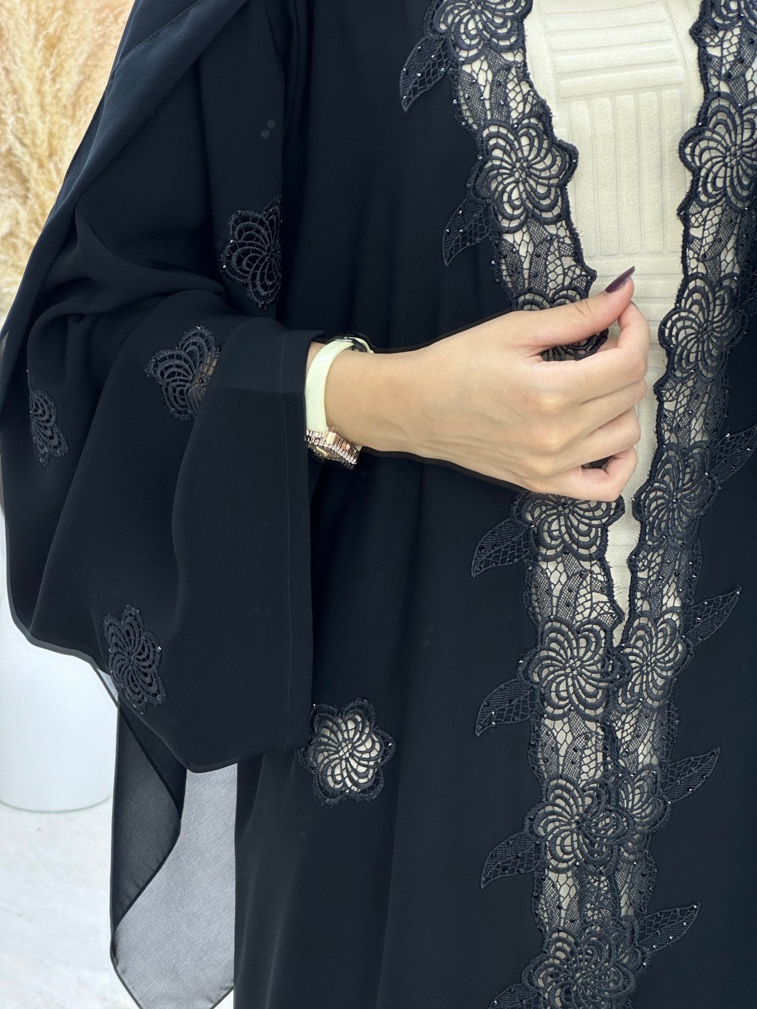 C 0111 Black Floral Lace Abaya