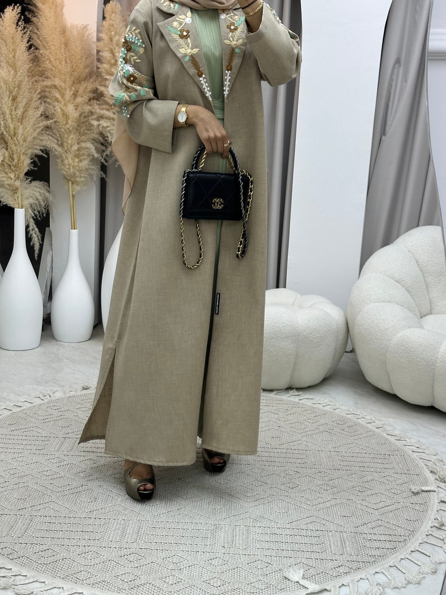 C 0115 Beige Embroidery Coat Abaya