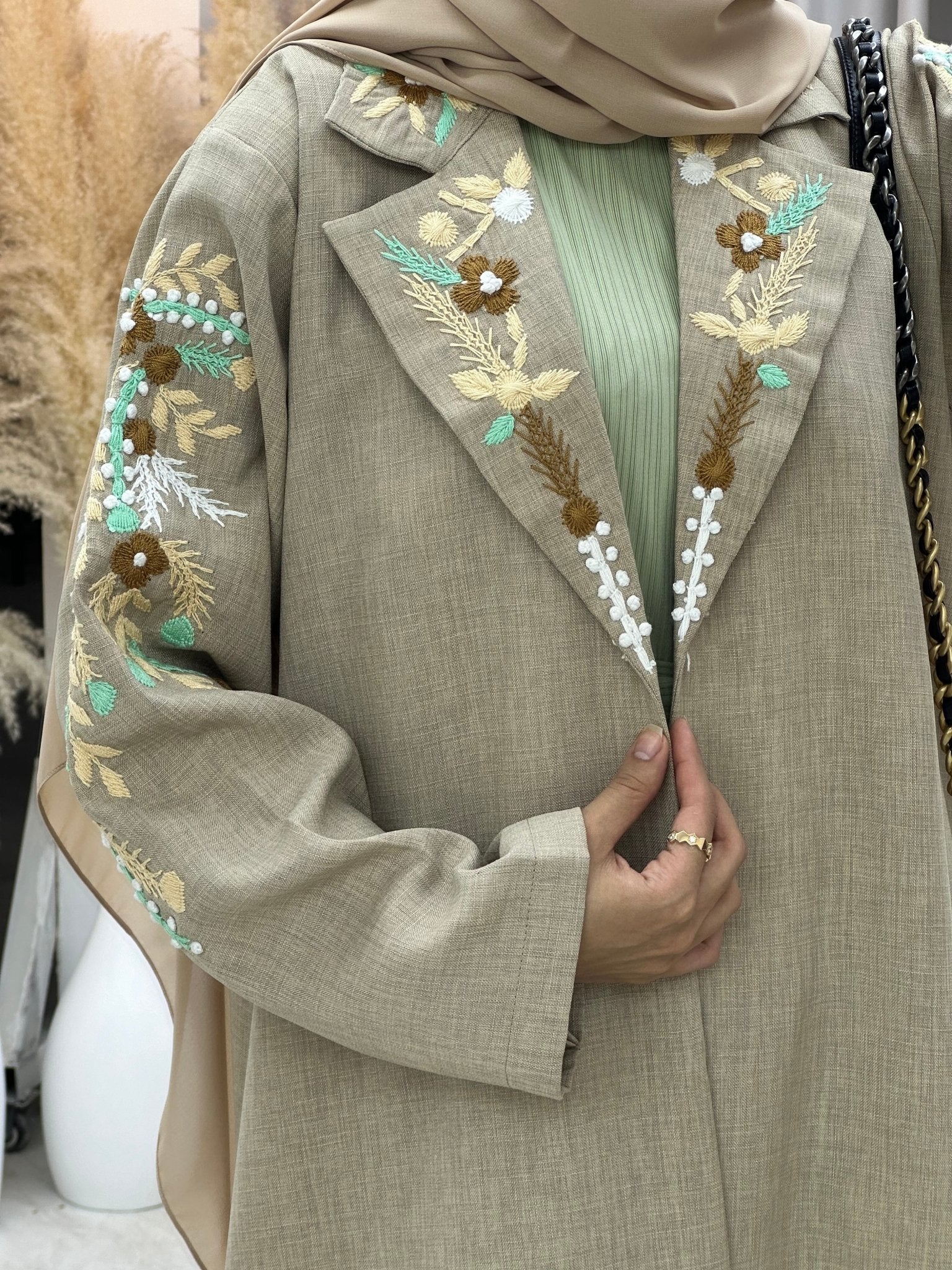 C 0115 Beige Embroidery Coat Abaya