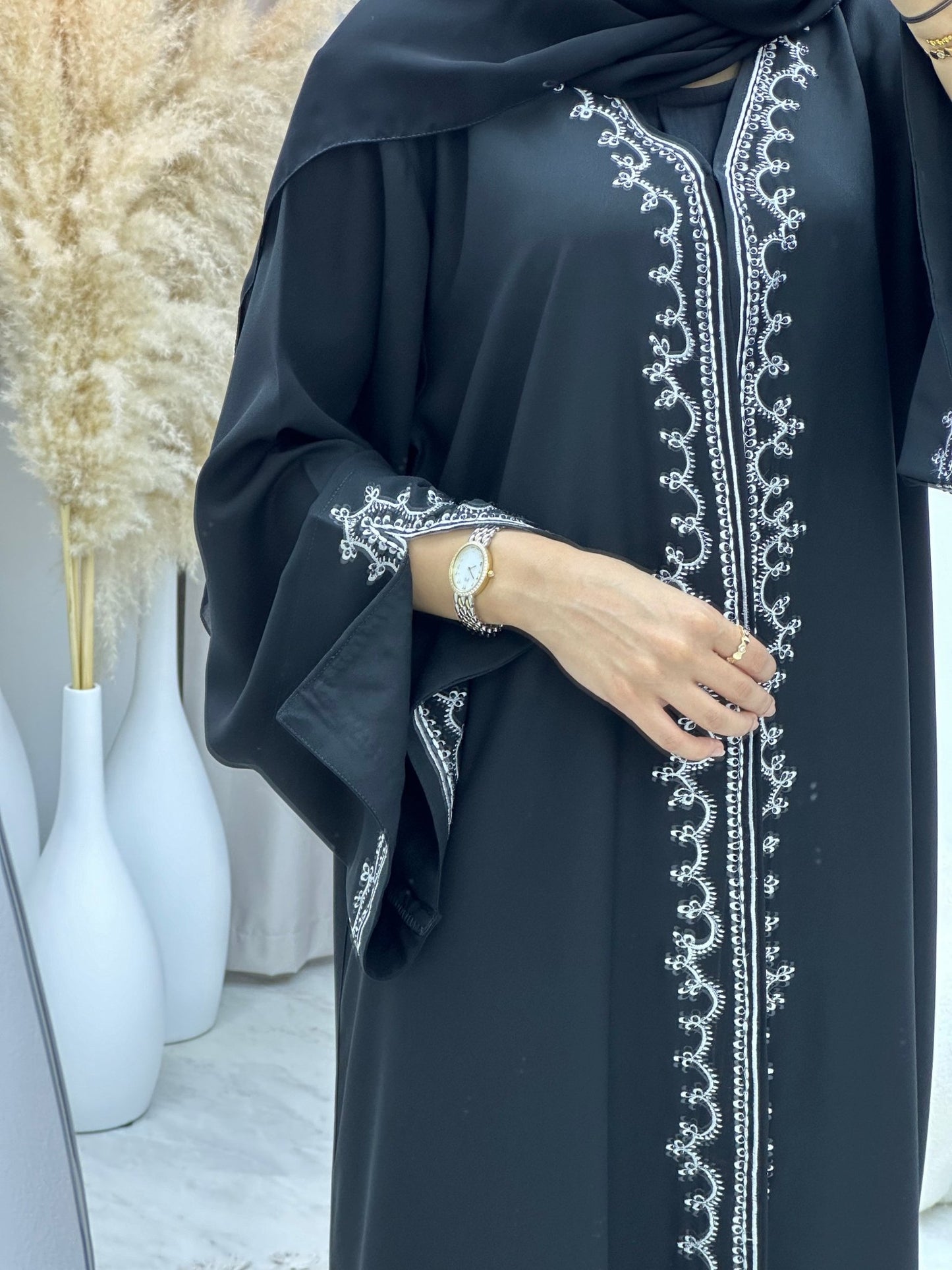 C 0120 Black White Embroidery Abaya