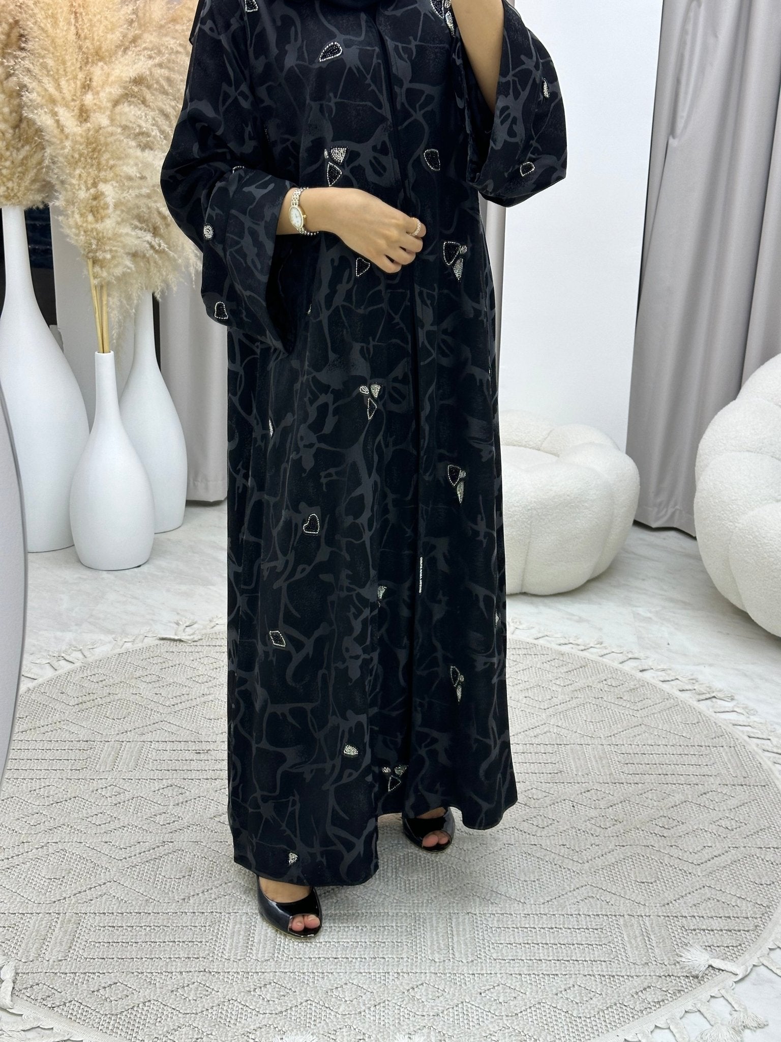 C 0131 Black Grey Beadwork Abaya