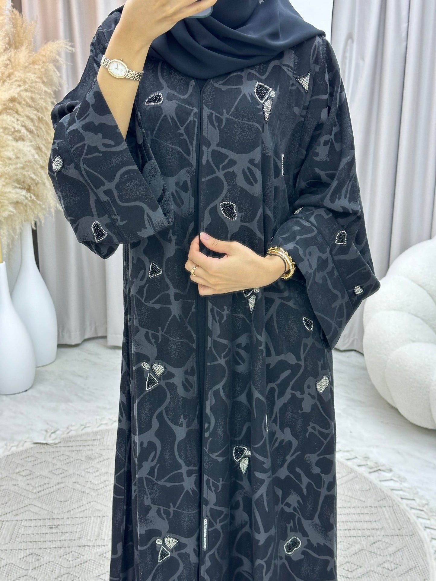 C 0131 Black Grey Beadwork Abaya