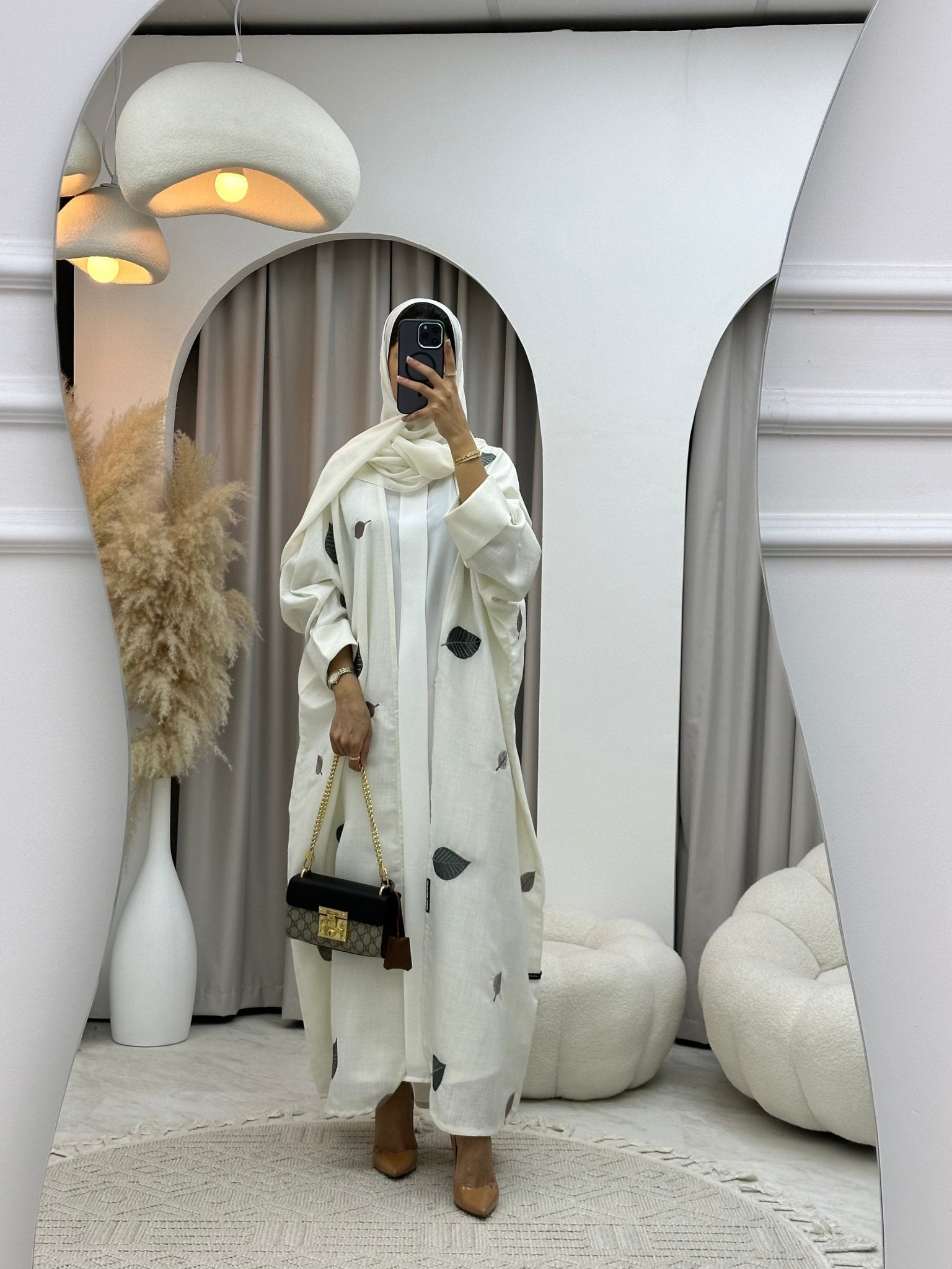 C 0139 White Leaf Embroidery Abaya