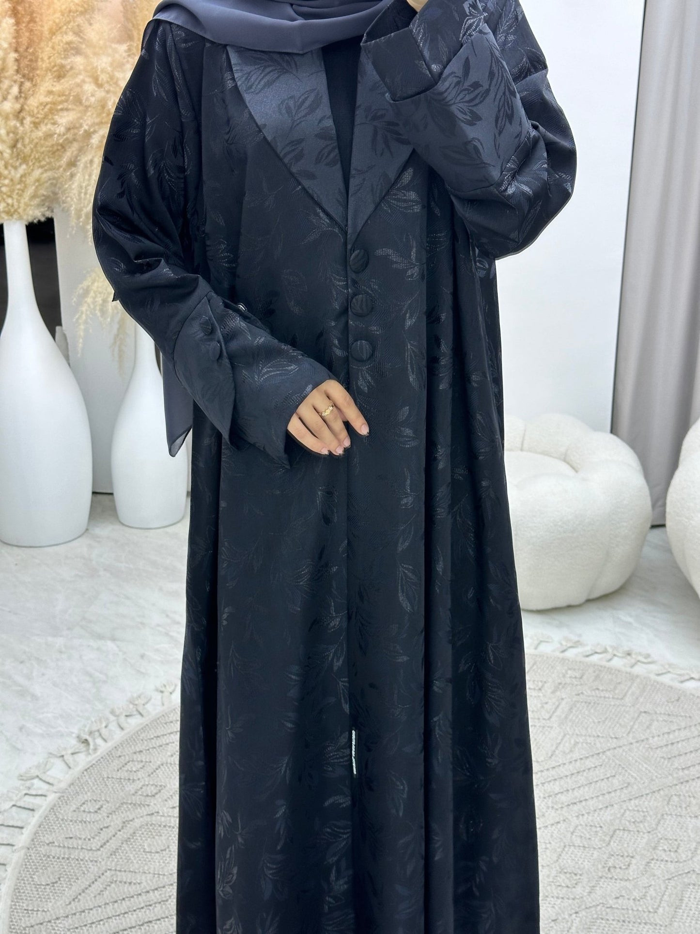 C 0160 - 03 Dark Grey Leaf Coat Abaya