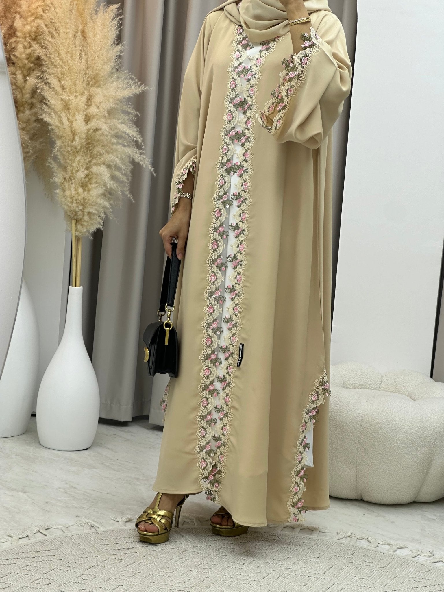 C 0197 Floral Lace Beige Abaya