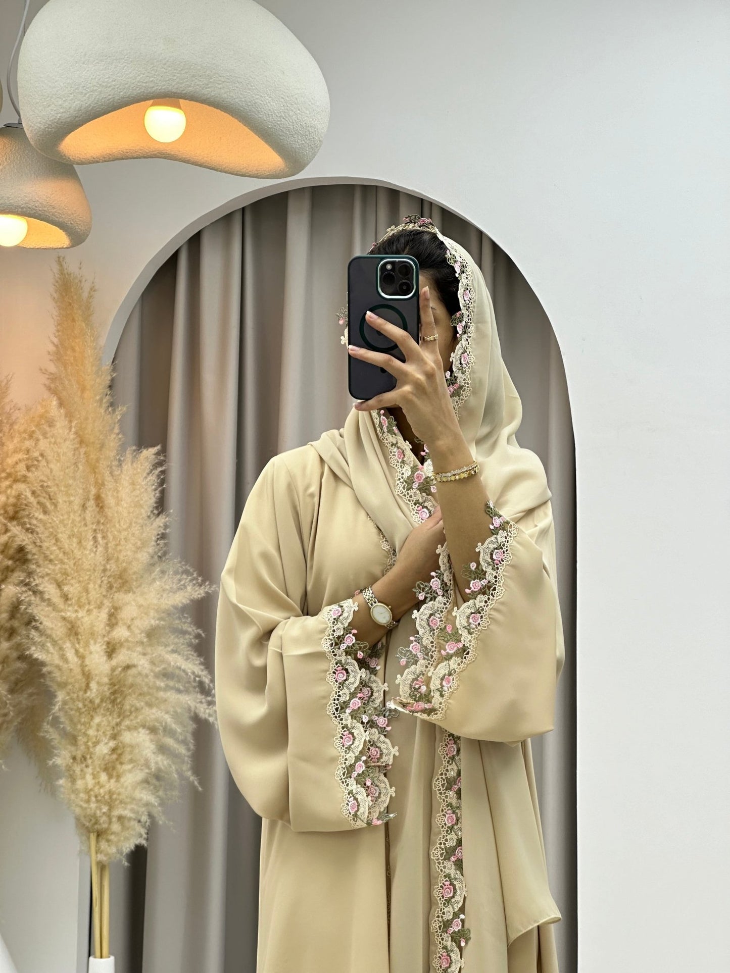 C 0197 Floral Lace Beige Abaya