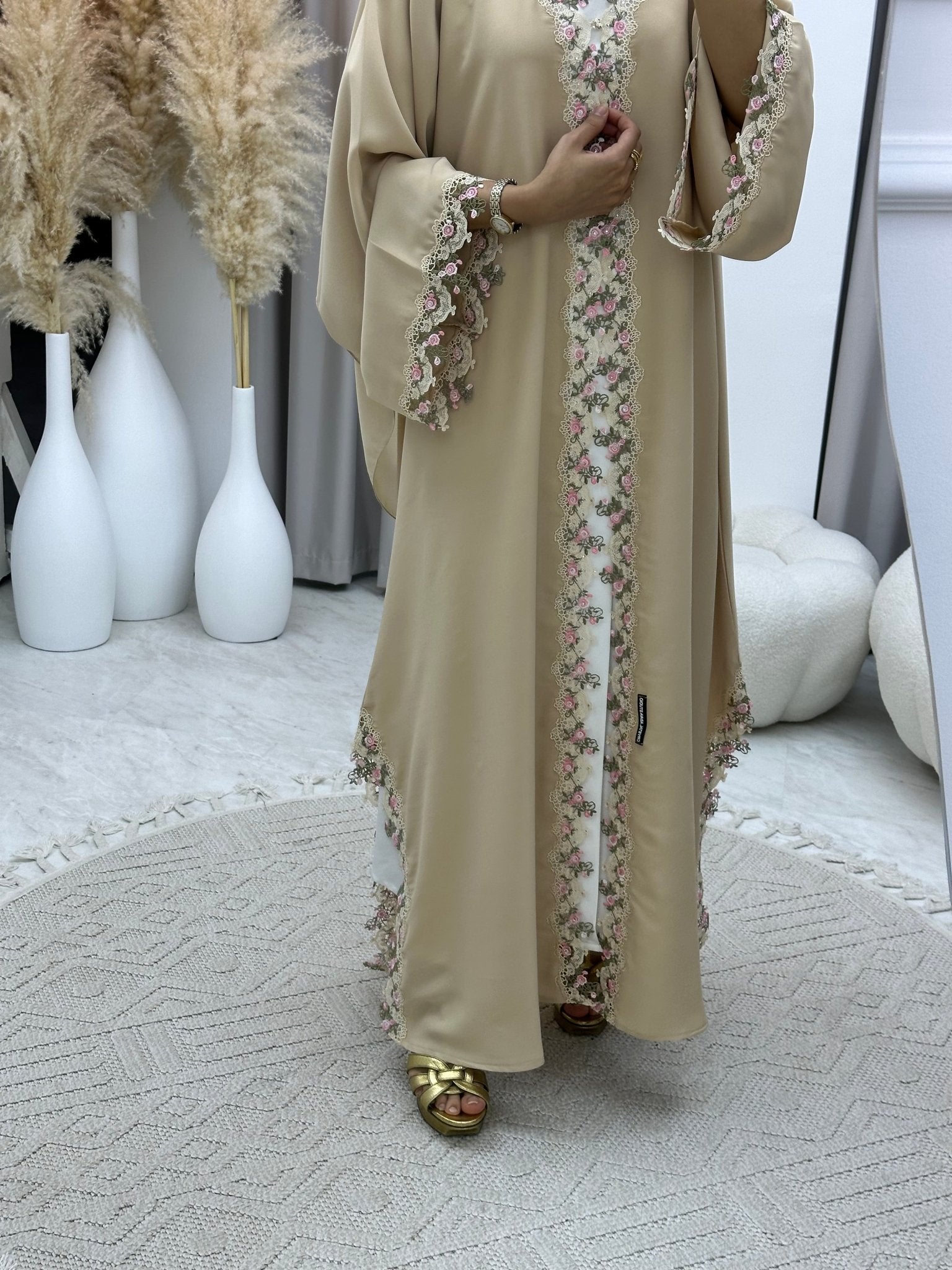 C 0197 Floral Lace Beige Abaya