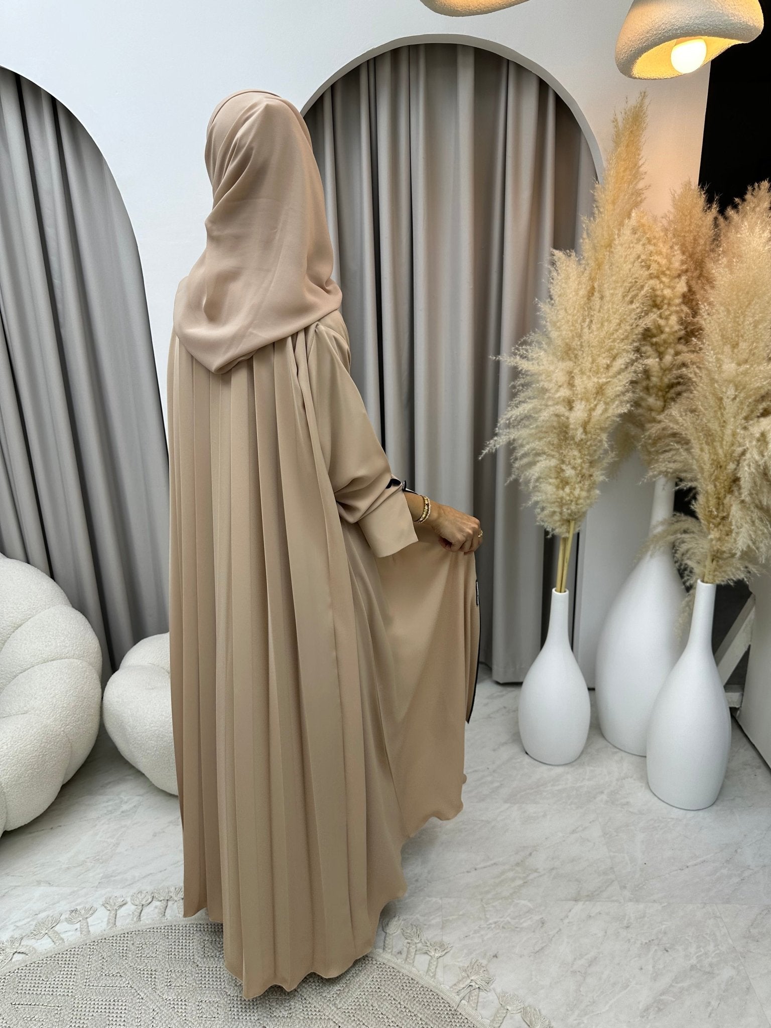 C 0198 Beige Pleated Work Abaya