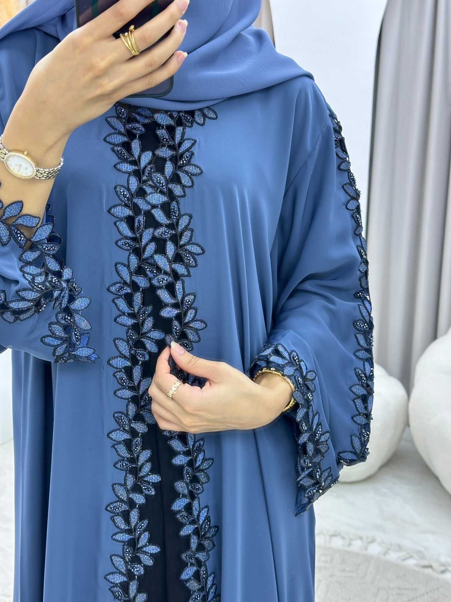 C 0199 Blue Floral Lace Abaya