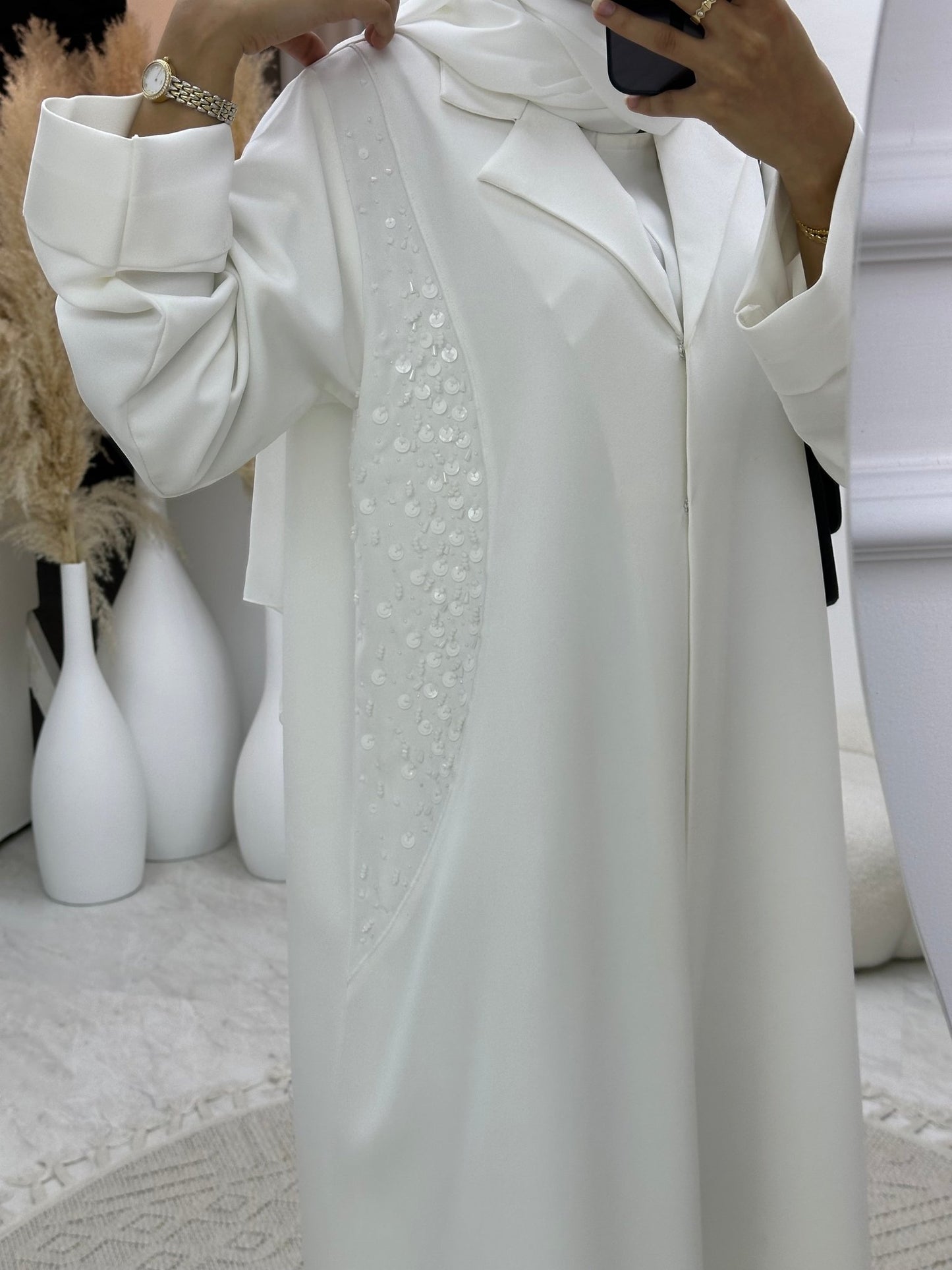 C 0204 - 01 White Beaded Abaya