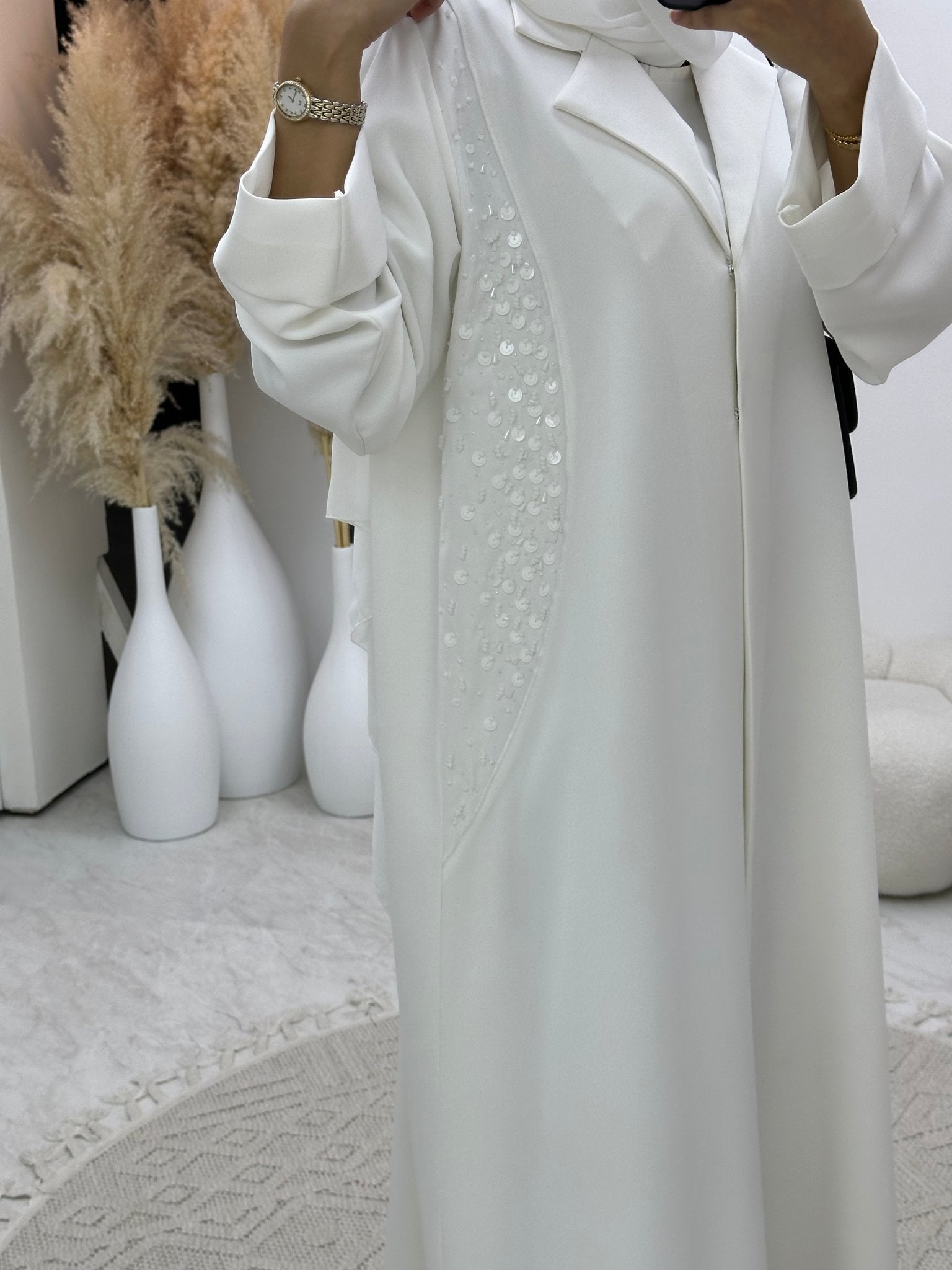 C 0204 - 01 White Beaded Abaya