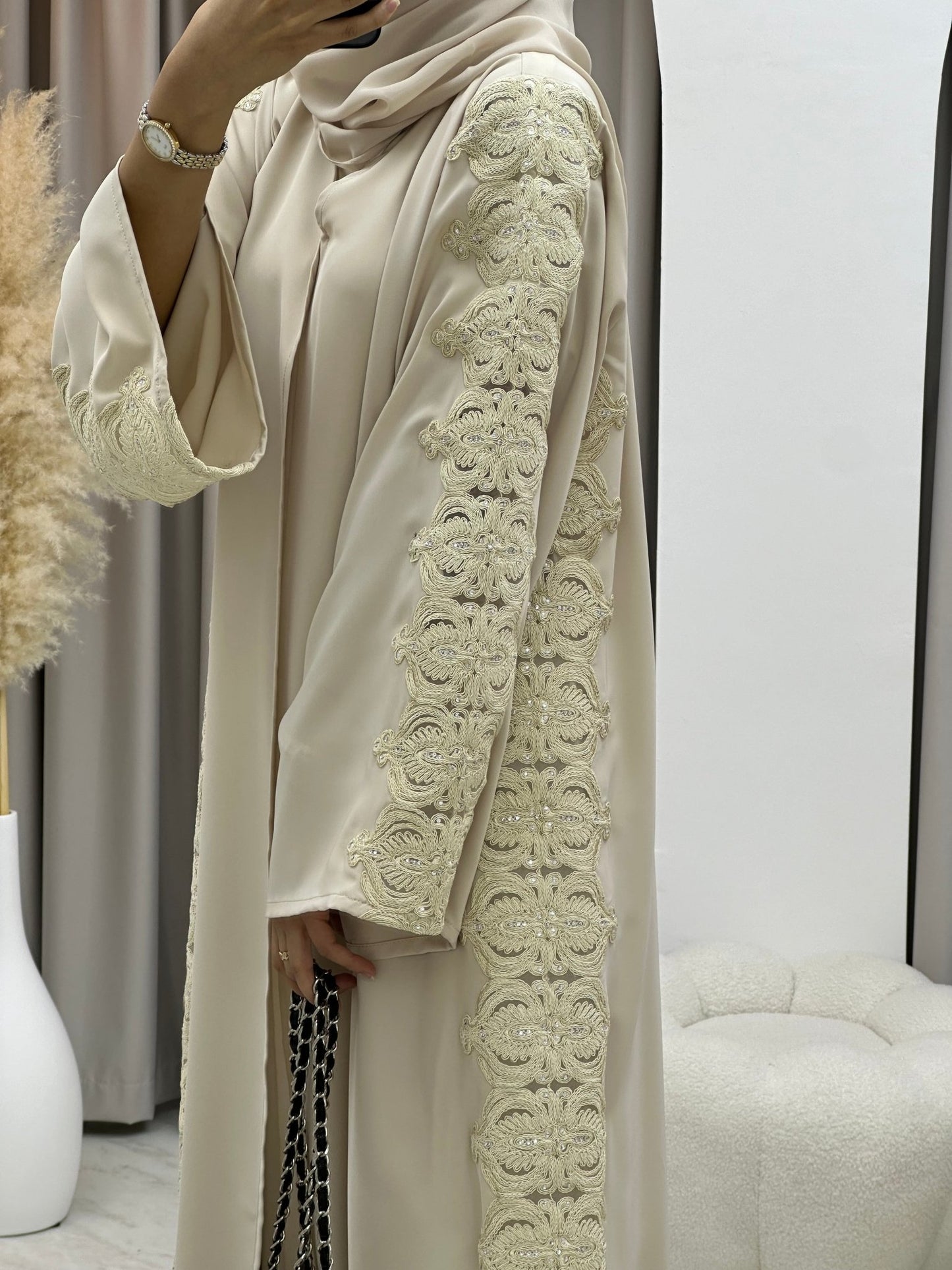 C 0207 - 02 Beige Lace Abaya