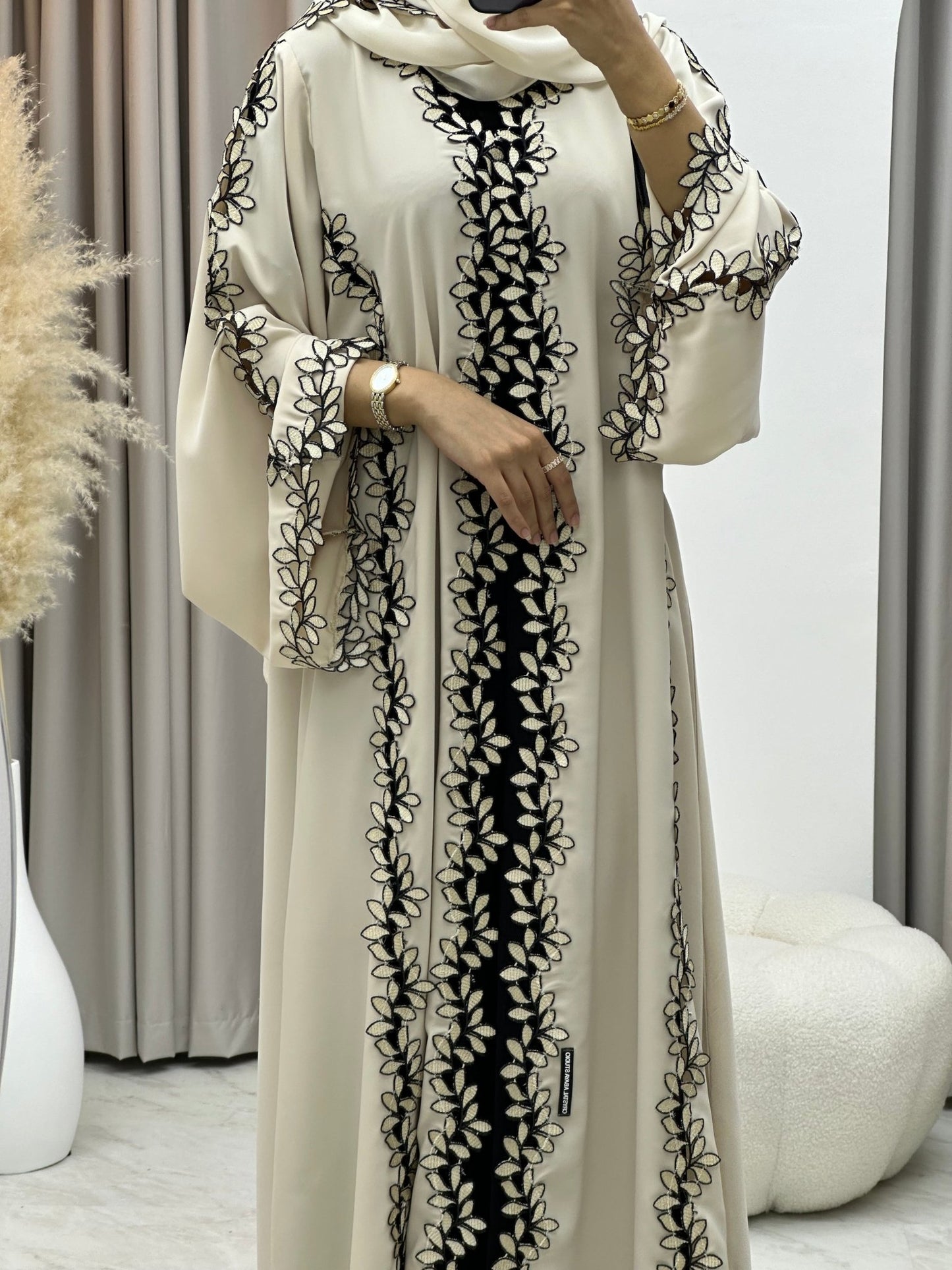 C 0217 - 02 Beige Floral Lace Abaya