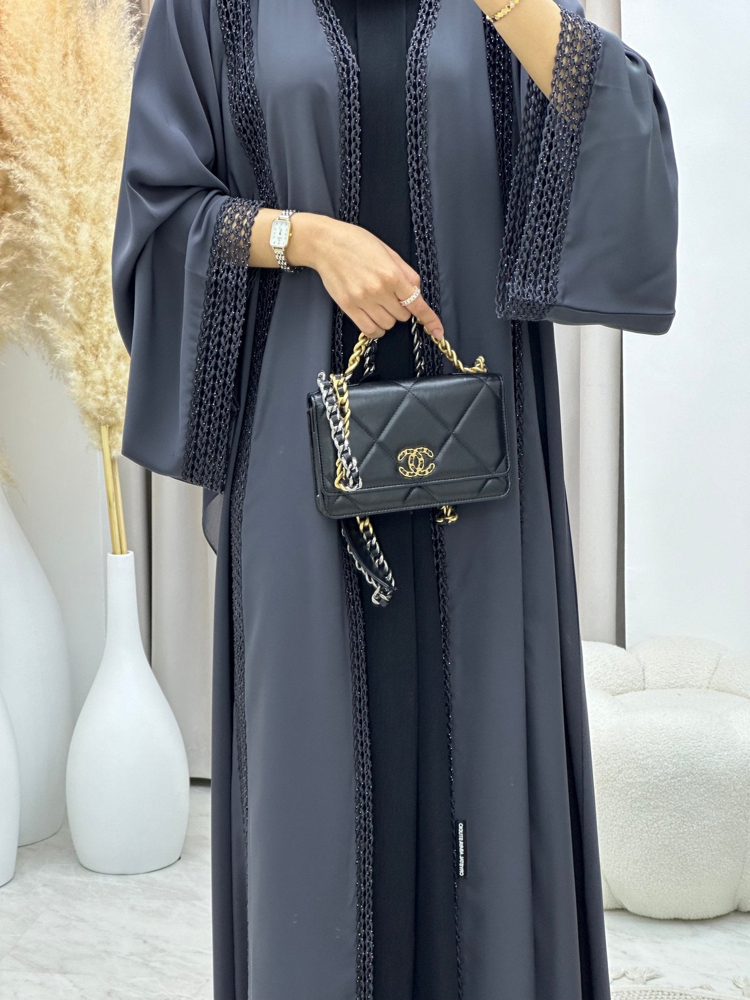 C 0220 Dark Grey Lace Abaya