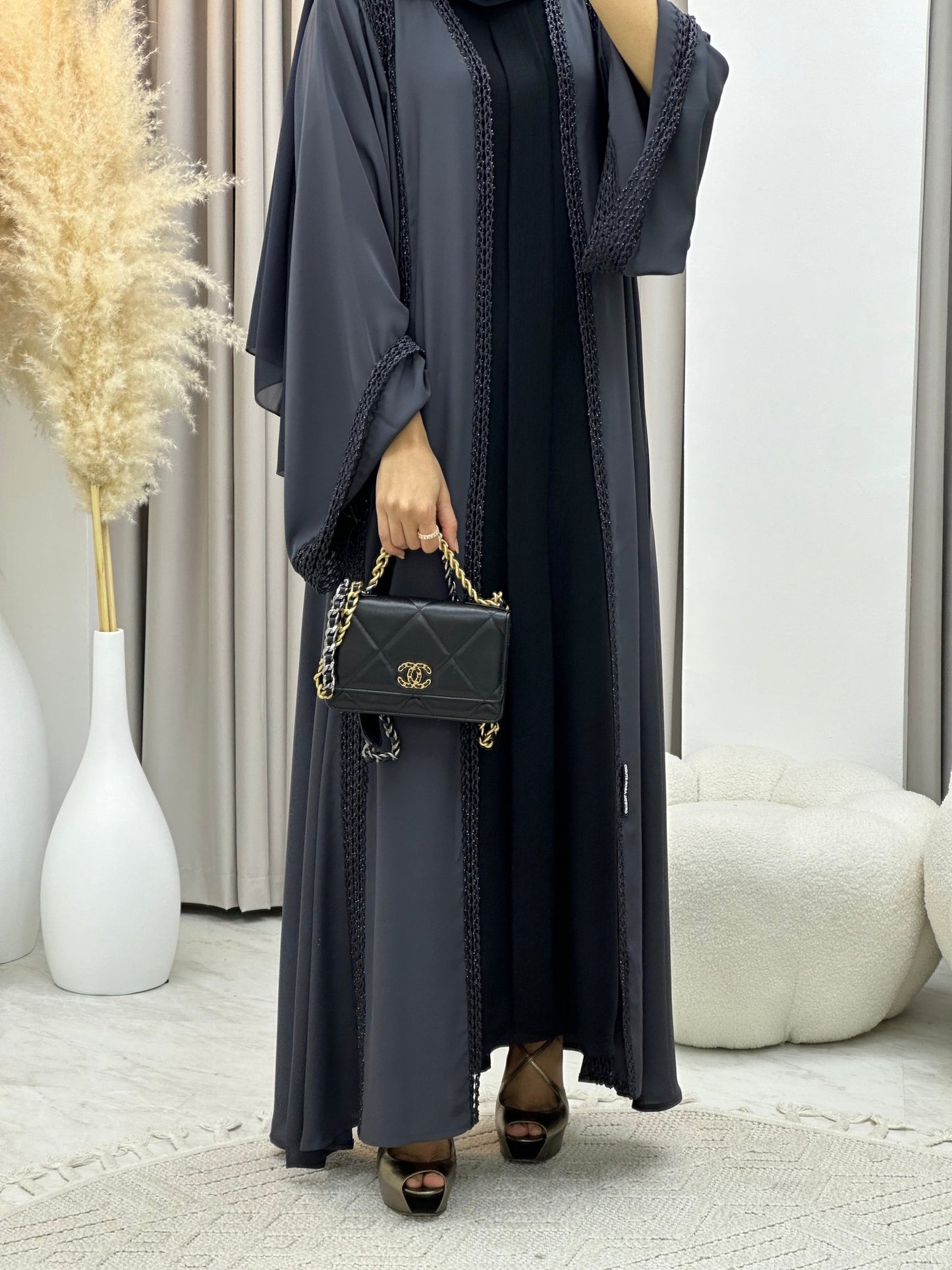 C 0220 Dark Grey Lace Abaya