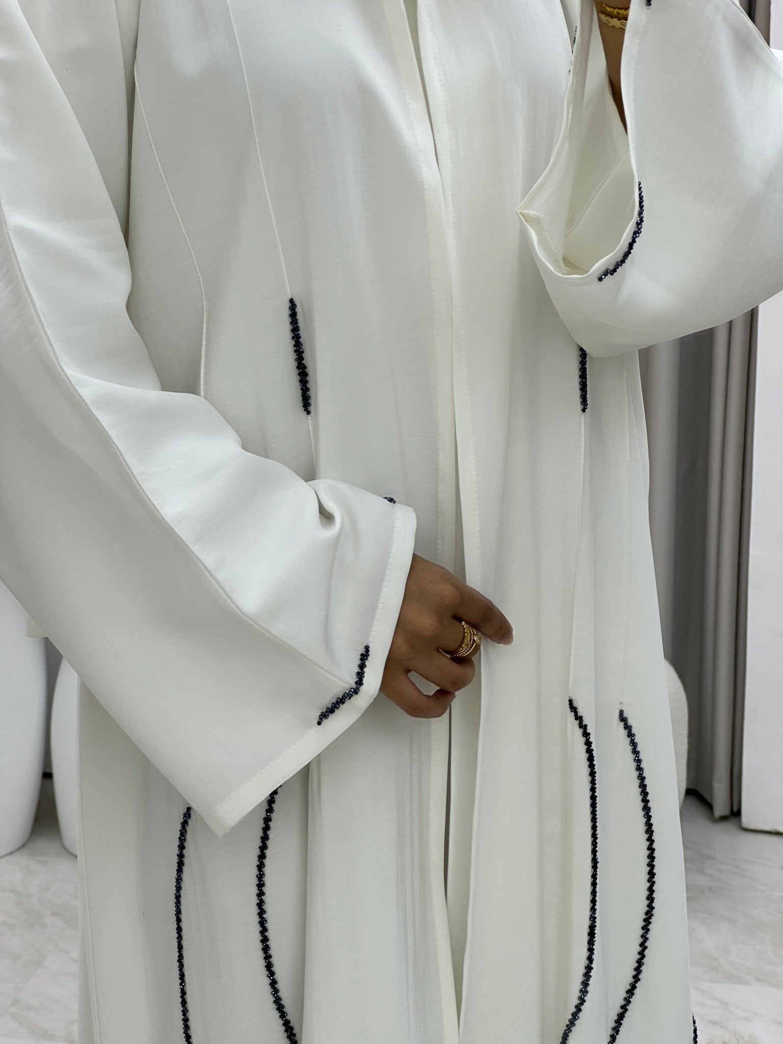 C 0245 Black Beaded White Abaya