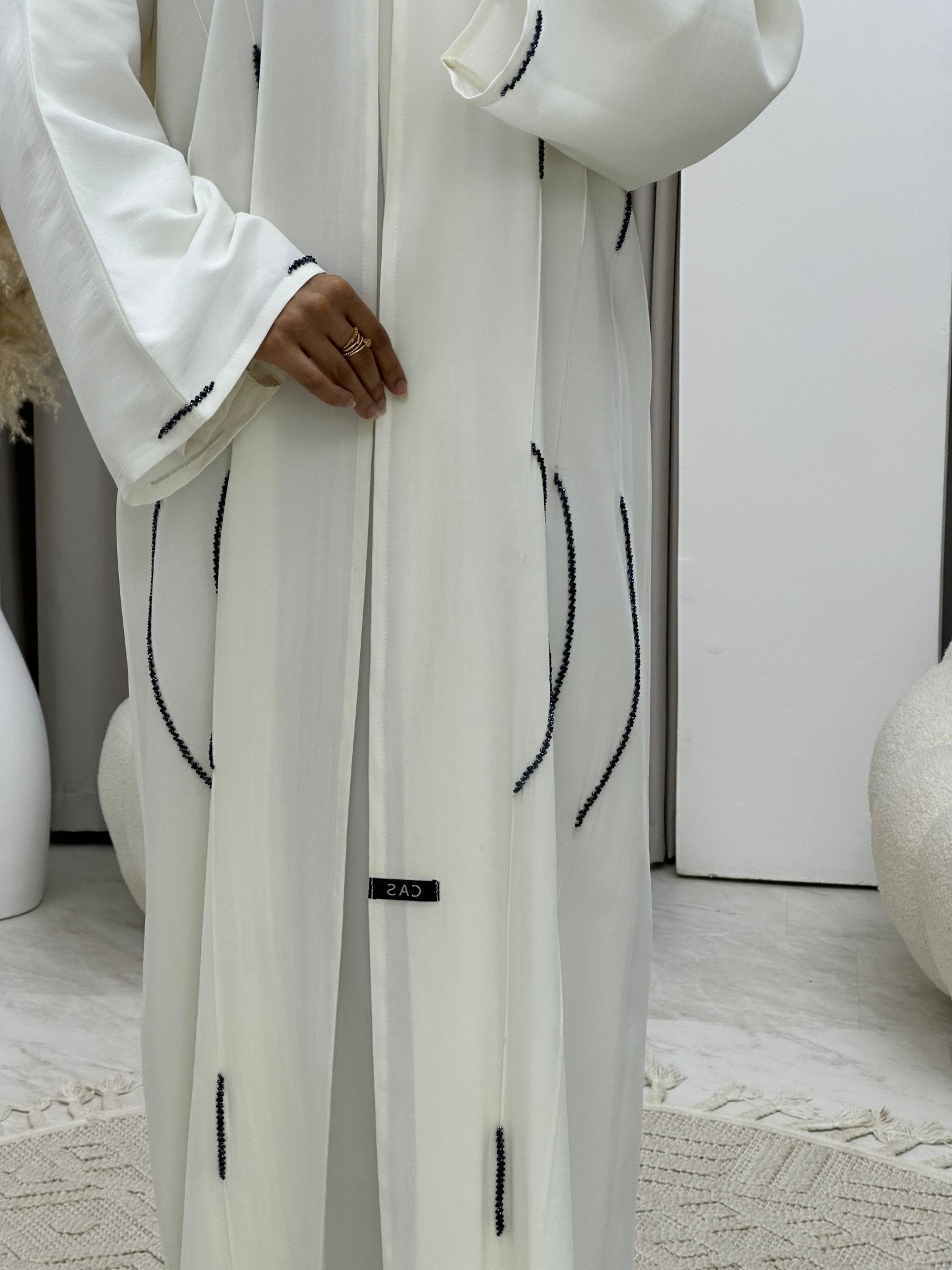 C 0245 Black Beaded White Abaya