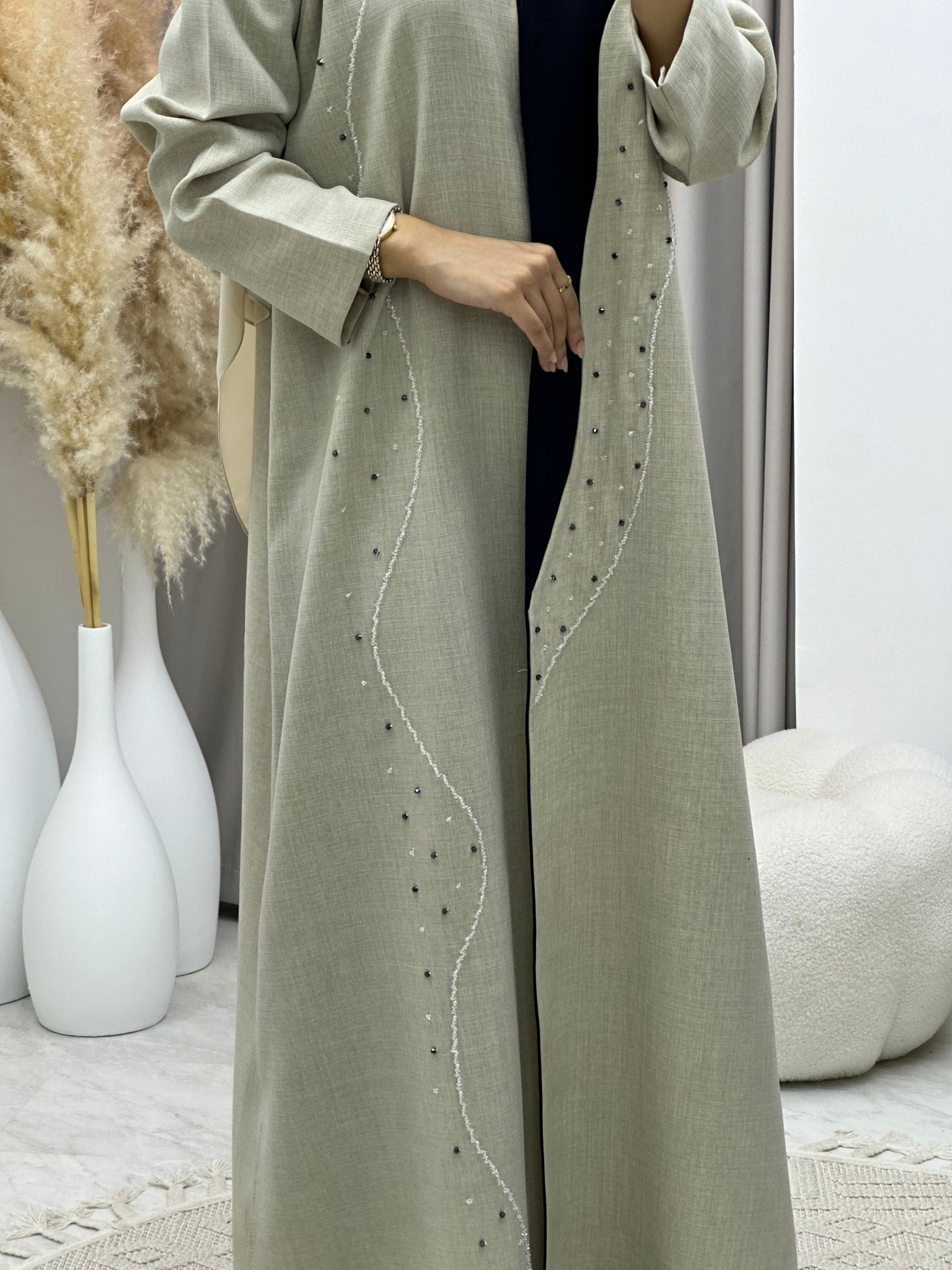 C 0267 Beaded Navy Blue Beige Abaya