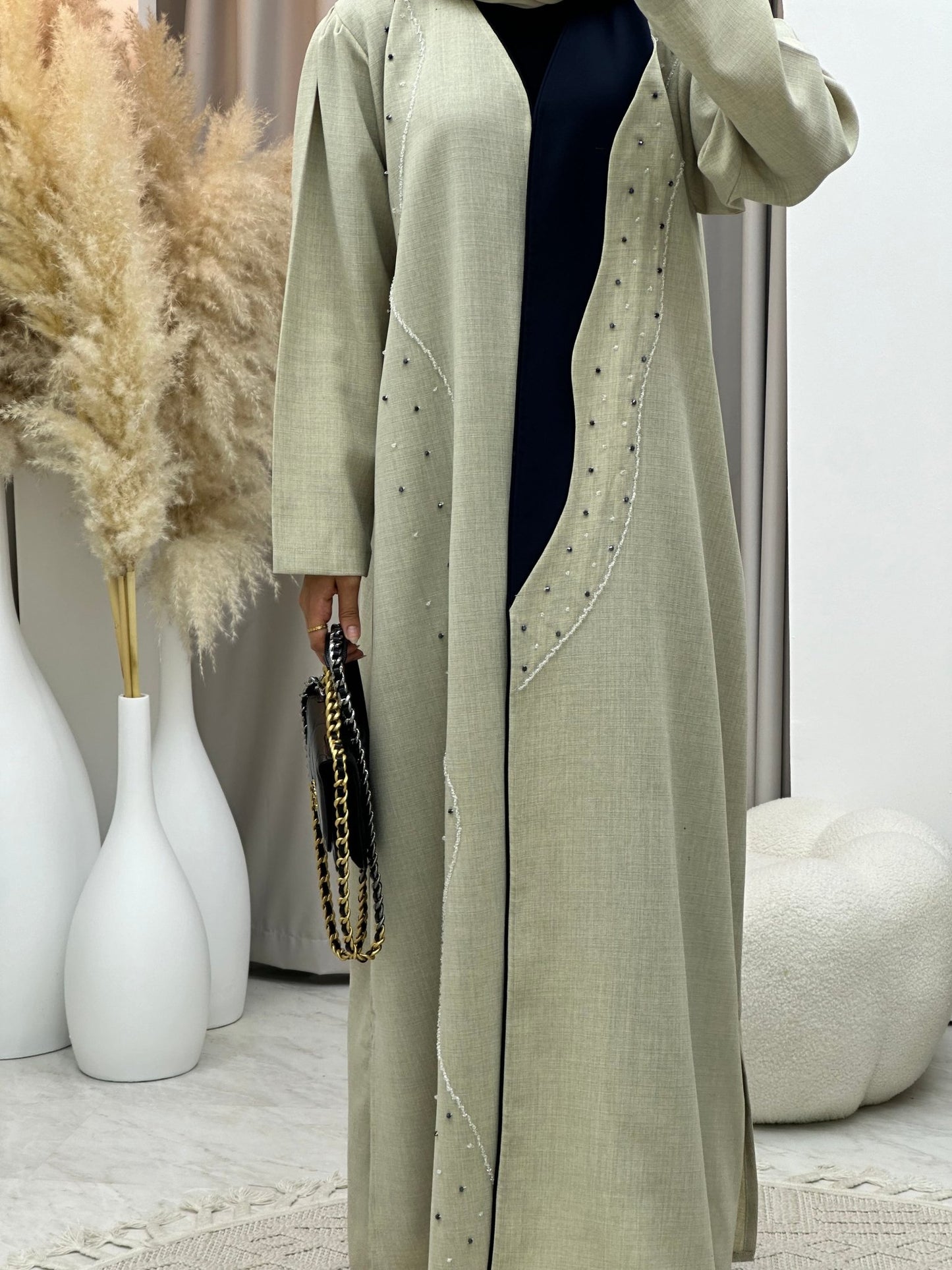 C 0267 Beaded Navy Blue Beige Abaya