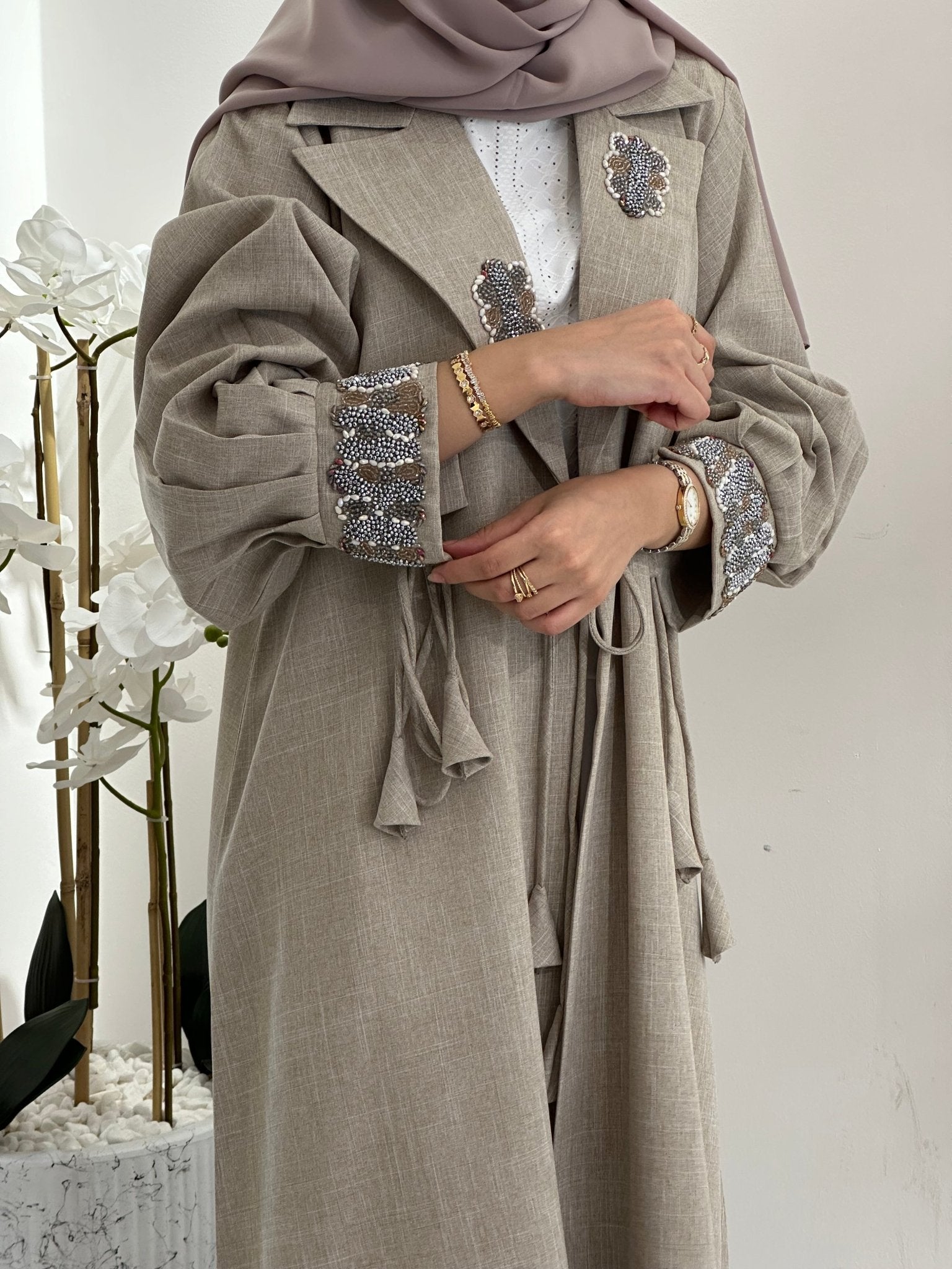 C 0274 Beige Coat Beaded Abaya