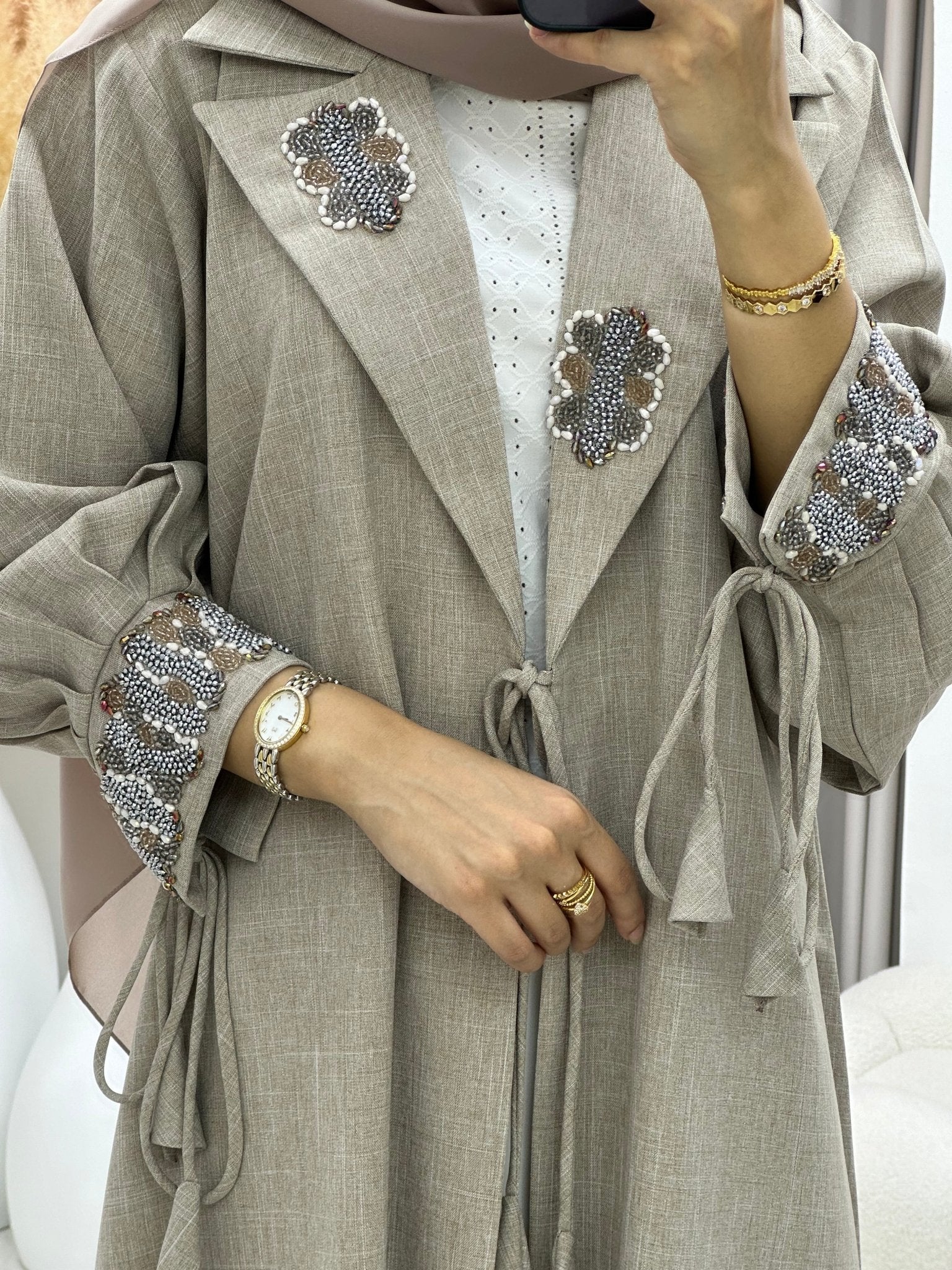 C 0274 Beige Coat Beaded Abaya