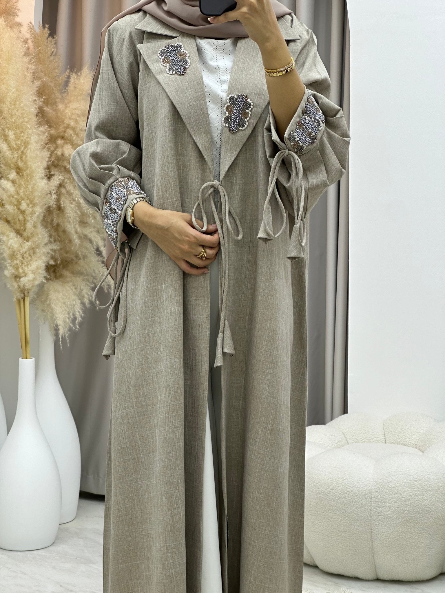 C 0274 Beige Coat Beaded Abaya