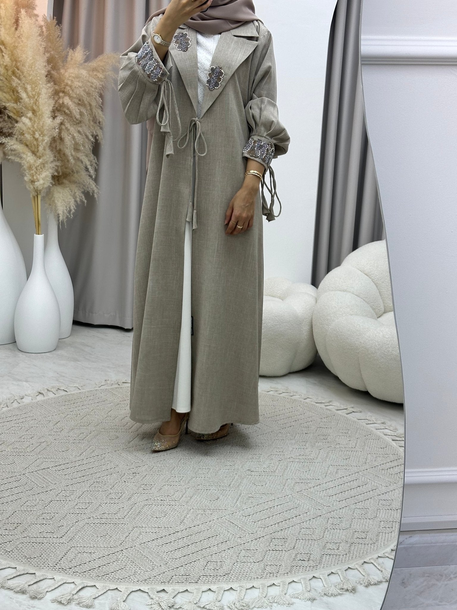 C 0274 Beige Coat Beaded Abaya