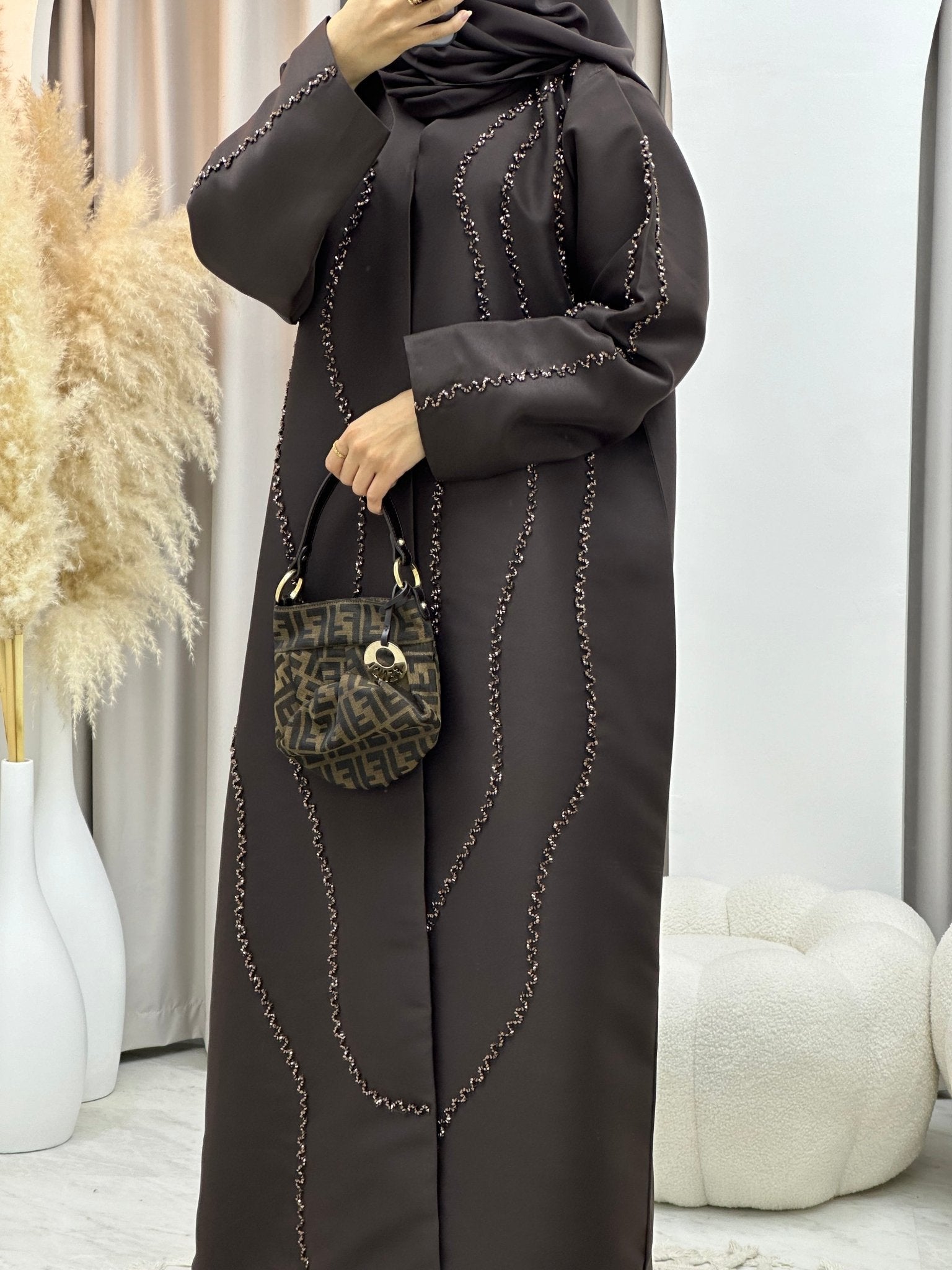 C 0279 Dark Brown Beaded Abaya