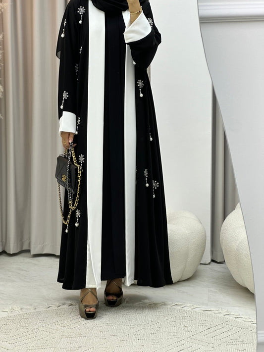 C 0293 White Black Pearl Abaya