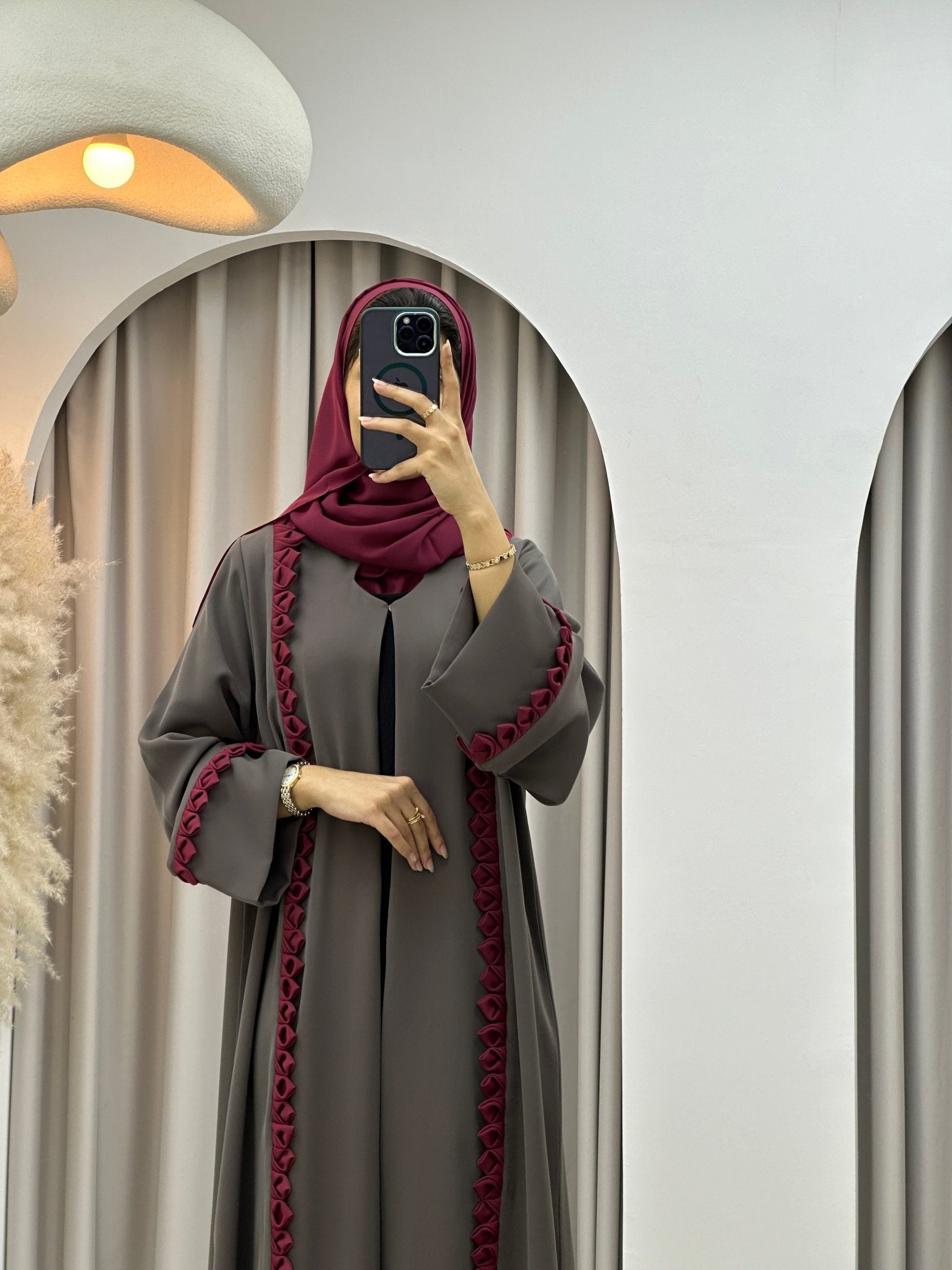 C 0296 3D Leafs Maroon Grey Abaya